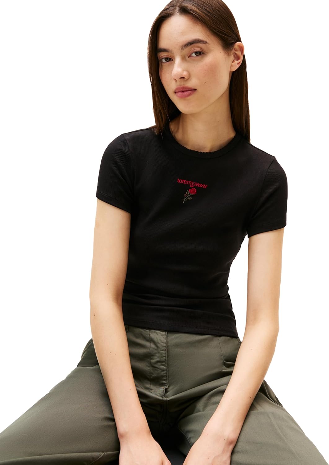 Tommy Jeans Women's Ribbed Graphic Tee with Embroidered Rose Logo Detail - Image 2
