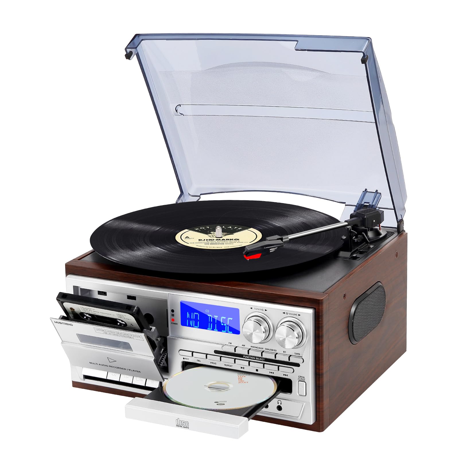 9 in 1 Record Player 3 Speeds Vinyl Bluetooth Turntable with 3.5mm Jack, Phonograph with 2 Stereo External Speakers, CD/Cassette, AM/FM Radio, USB/SD/MMC, Aux-in/RCA-Out, Black