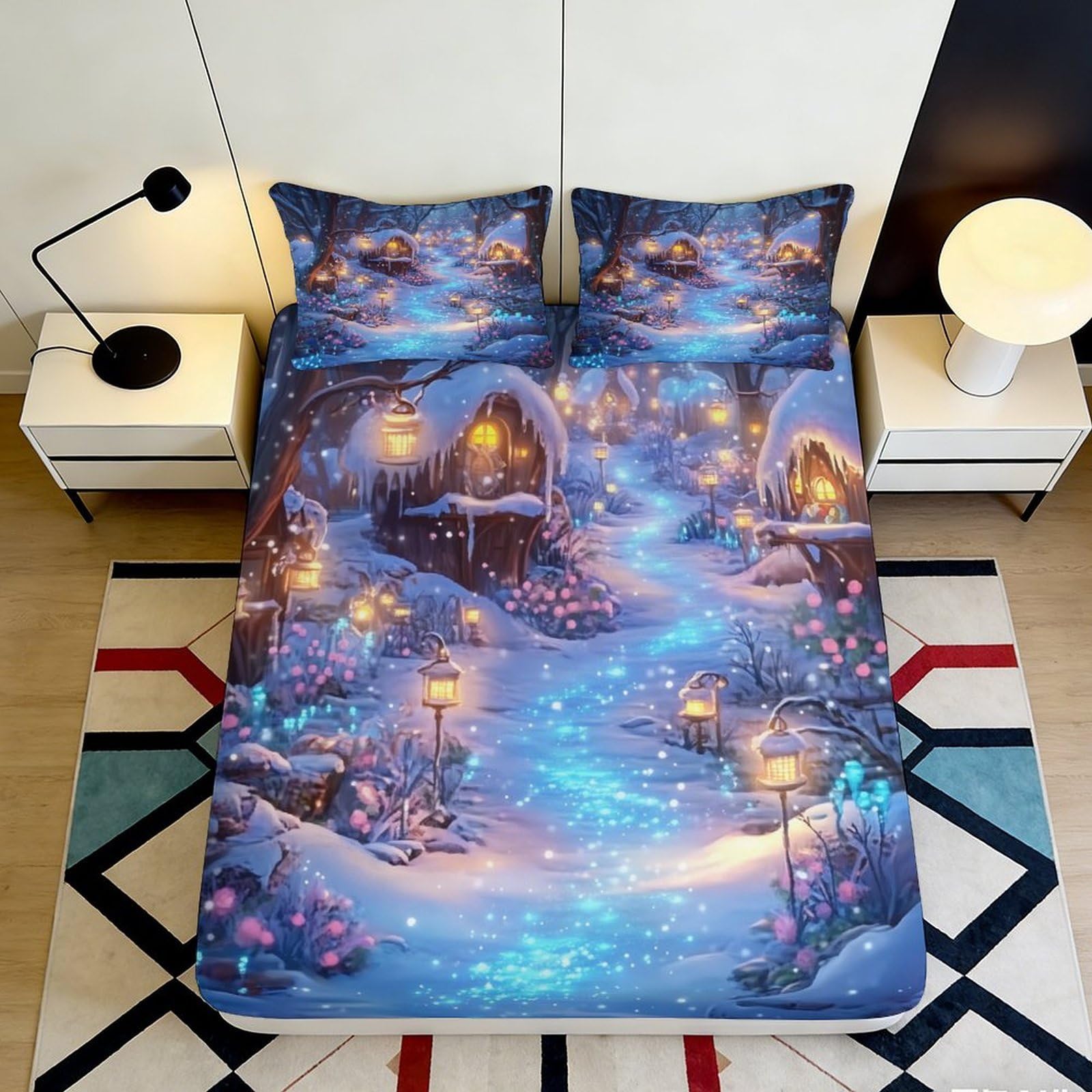 3D Printed Winter Fairyland Fitted Sheet Microfiber Soft Blue Path Snow Village Bed Cover for Bedroom Guest Room 180x200x25cm