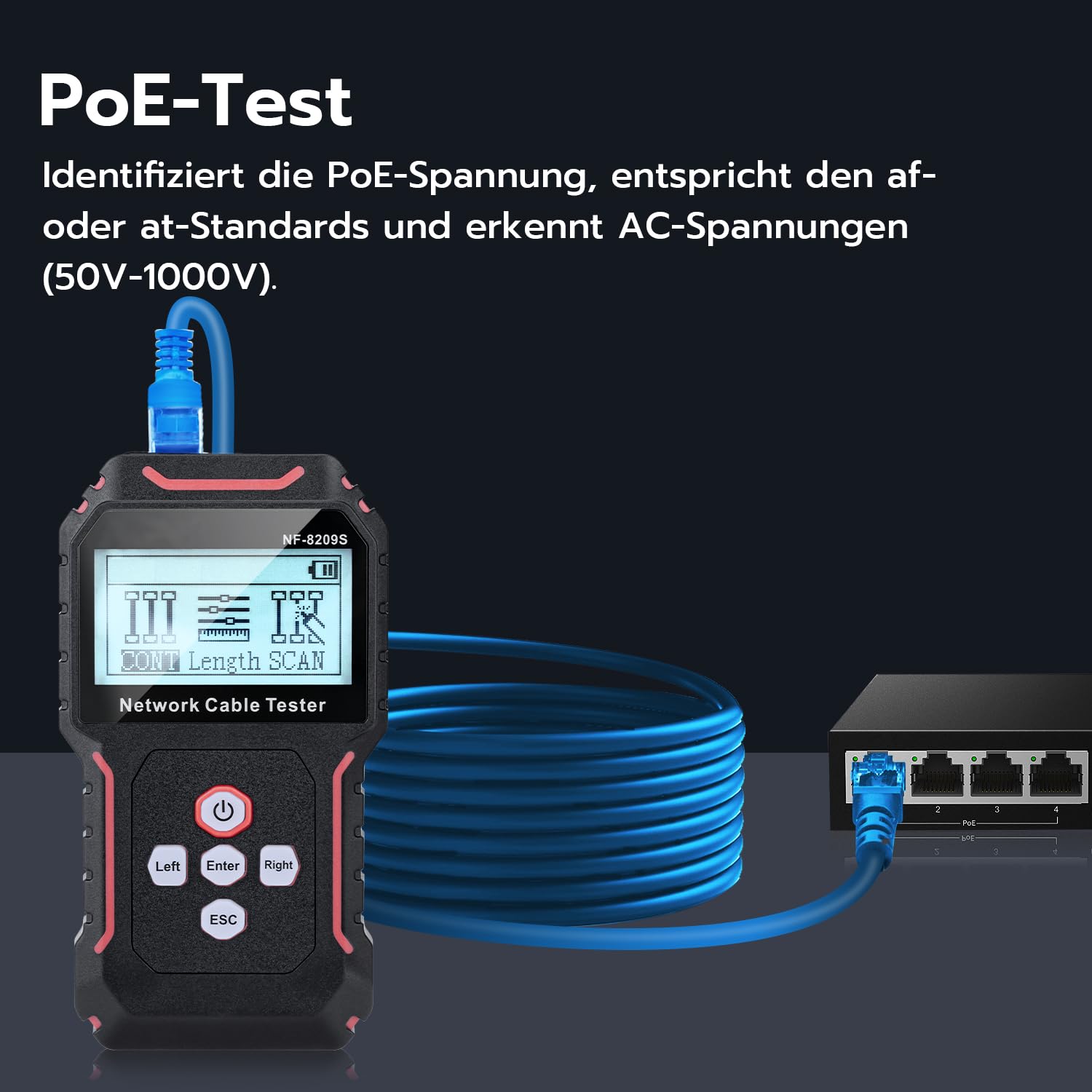 Mcbazel Netzwerk Kabeltester mit POE/NCV, Kabellängenmessung, Port-Blitz, Kabel Tracker
