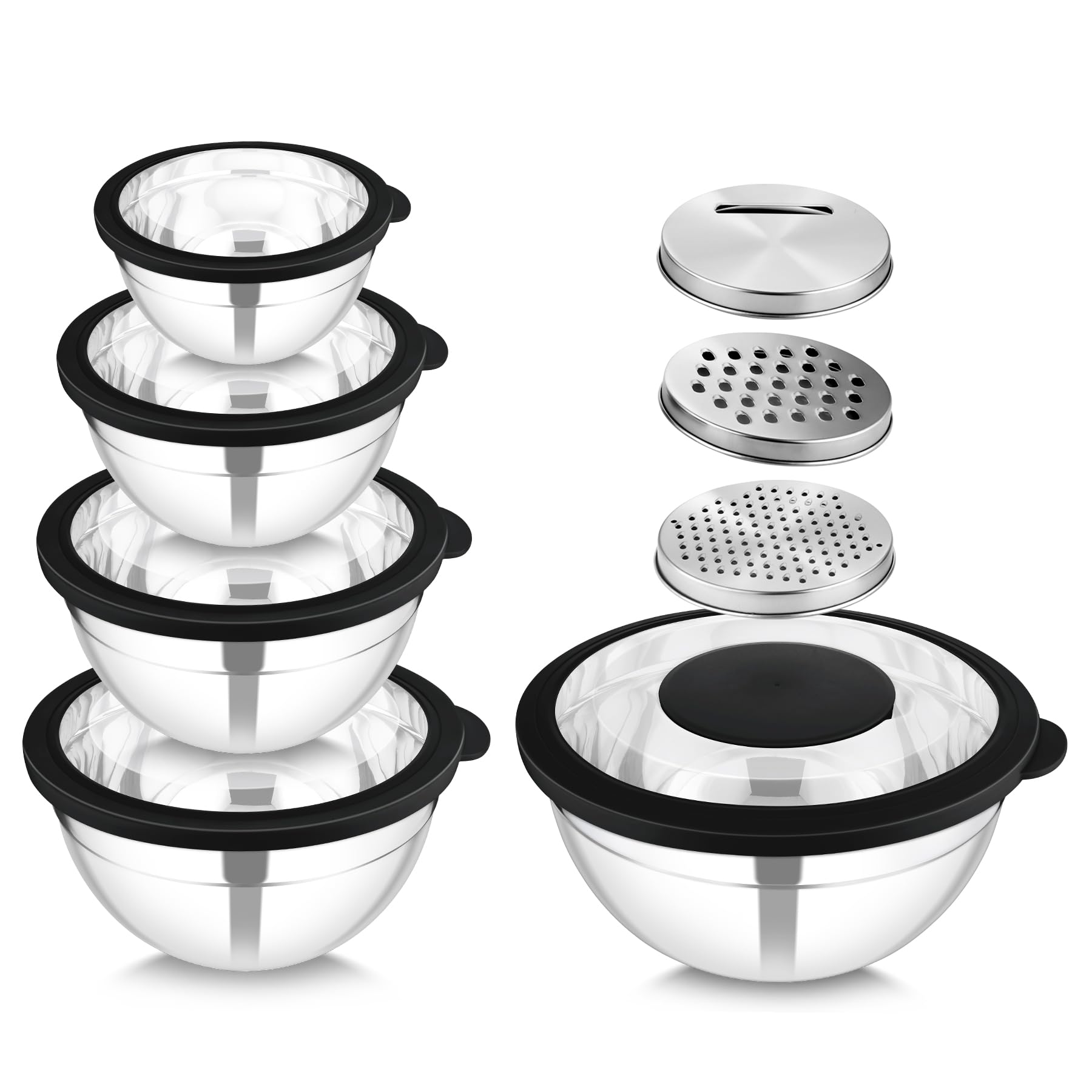HaWare Mixing Bowls with Lids Set, 5PCS Stainless Steel Nesting Bowls for Kitchen, 3 Graters Attachments, Clear Lids, Airtight for Food Prep, Baking, Storage (4.6/2.8/1.6/1.2/0.7 L, Black)