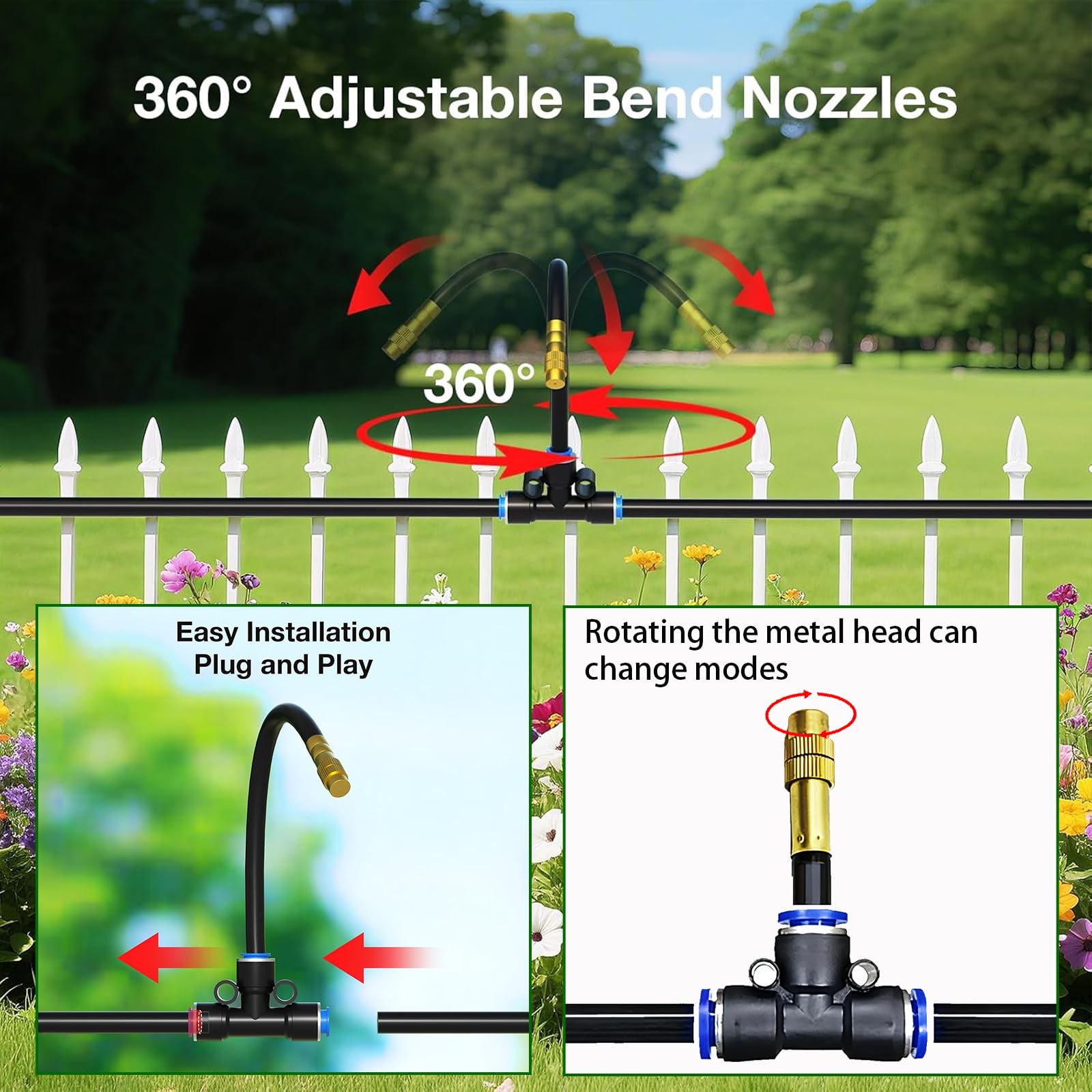 Sistema de riego de jardín flexible a 360°, sistema de riego de 100 pies con 16 boquillas de pulverización ajustables, nebulizador Gardineer para sistema de refrigeración de niebla al aire libre
