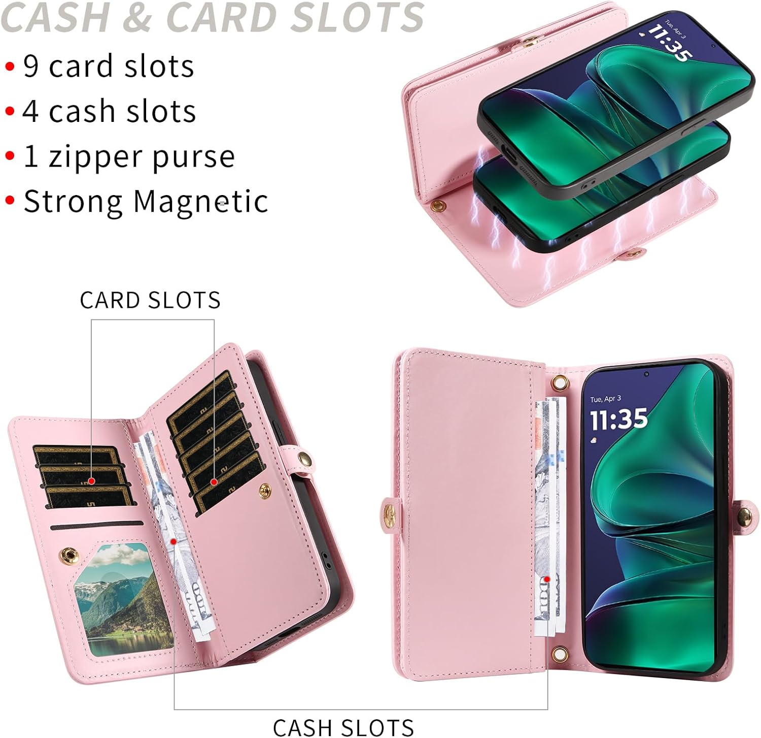 Phone Case for Motorola Moto G Stylus 5G 2025 Zipper Wallet Detachable Magnetic Cell Cover with Screen Protector Crossbody Lanyard Strap Bling Glitter Flip Credit Card Holder Slots Women Pink