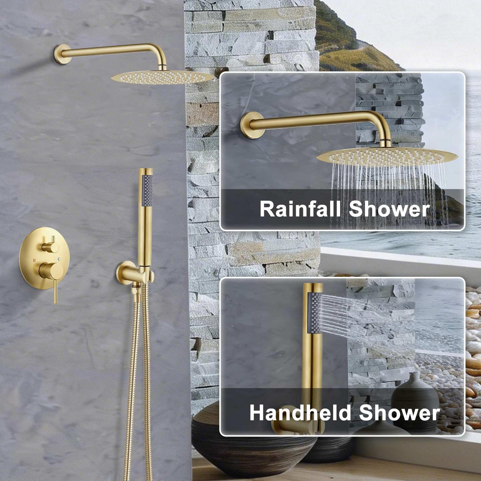 SaniteModar Unterputz Duscharmatur Set, Gebürstetes Gold | Rund. 25cm Regendusche, 1,5m Schlauch; leichtreinig. Silikon-Düsen; verstecktes Design; keine Wandbeschädigung bei Rep