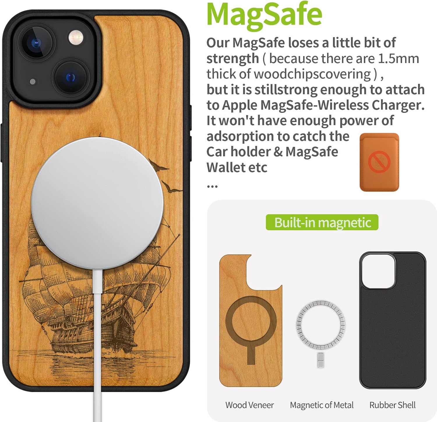 Carveit Magnetic Wood Case for iPhone 14 Case [Natural Wood & Black Soft TPU] Unique & Classy Wooden Shockproof Protective Cover Compatible with magsafe (Sailboat Carving -Cherry)