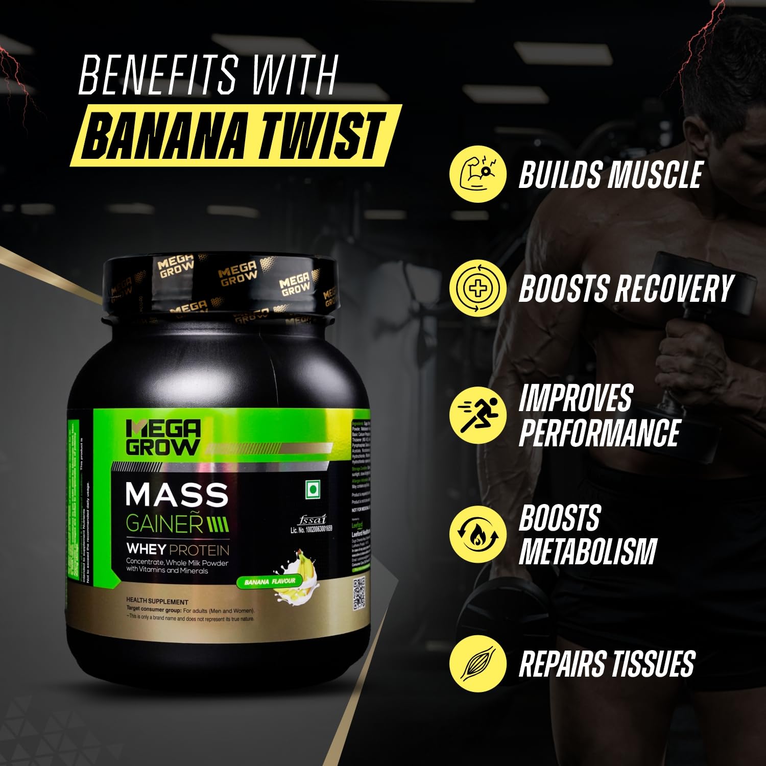 Megagrow Mass Gainer Whey Protein Powder 1Kg – 384.5 Kcal, 22.81g Protein, 9g Carbs – High-Calorie Muscle Mass Gainer for Weight Gain, Size & Strength – Banana Flavour for Men & Women 3