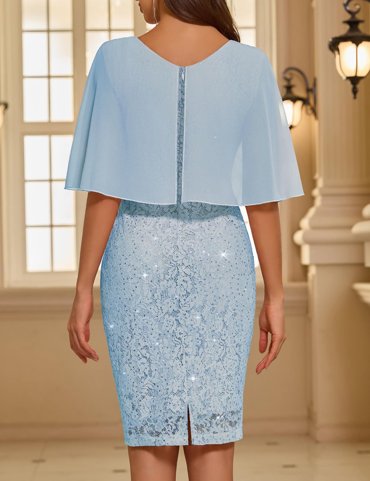 COOAN Damen-Hochzeitsgast-Schal-Kleid Elegantes festliches Abendkleid Cocktailparty Formelles Chiffon-Spitzenkleid mit Pailletten