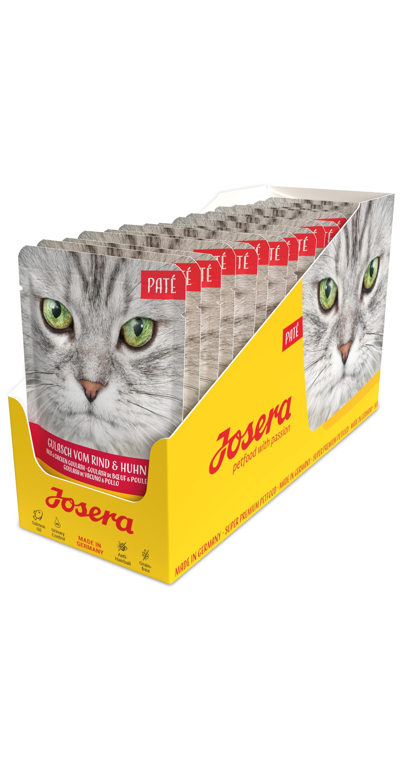 JOSERA Paté Gulasch vom Rind & Huhn (16 x 85 g) | Adult | Premium Nassfutter für ausgewachsene Katzen | Gulasch vom Rind & Huhn | getreidefrei | Katzenfutter nass im Frischebeutel | 16er Pack