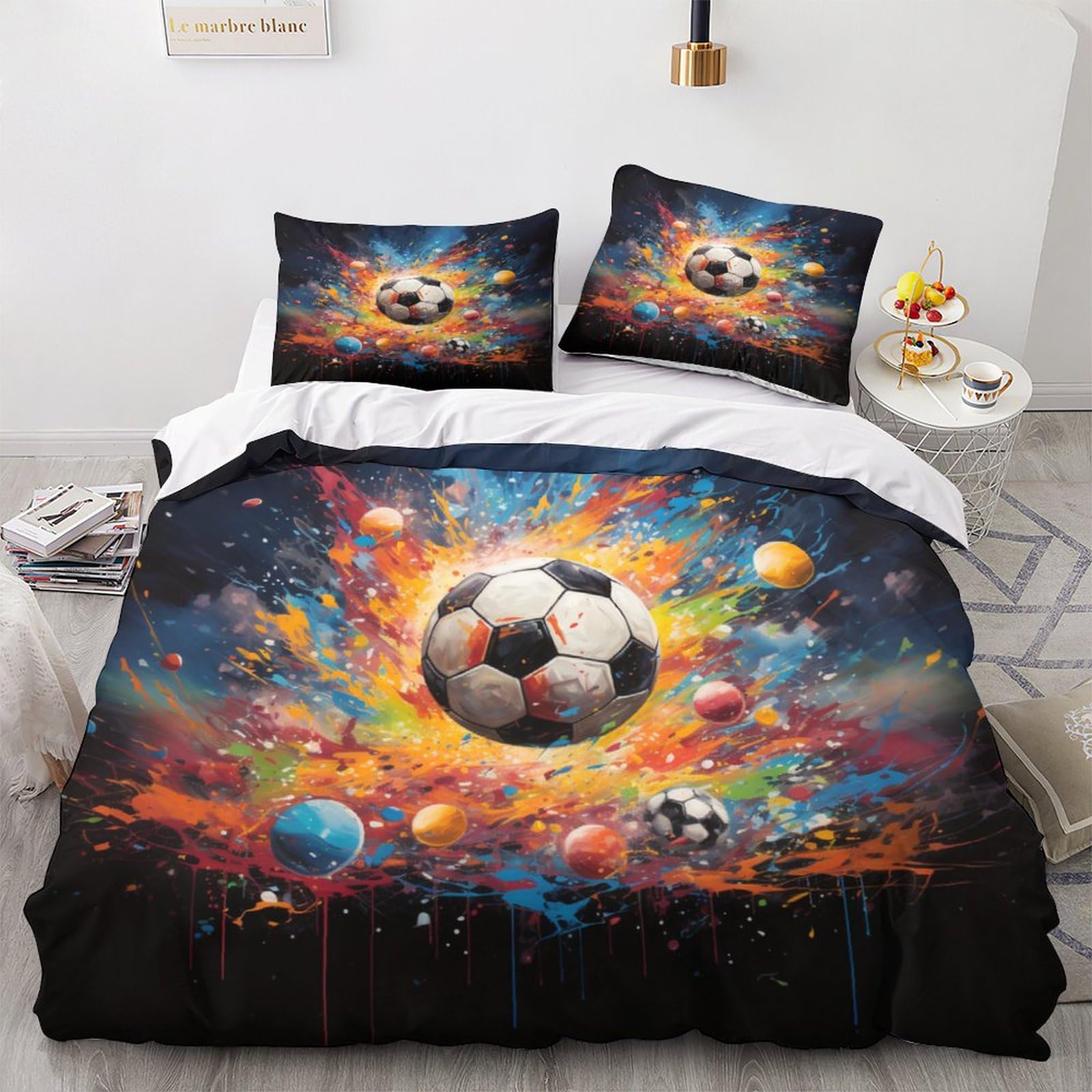 Housse de couette football 3D 200x200cm avec 2 taies d'oreiller pour lit double