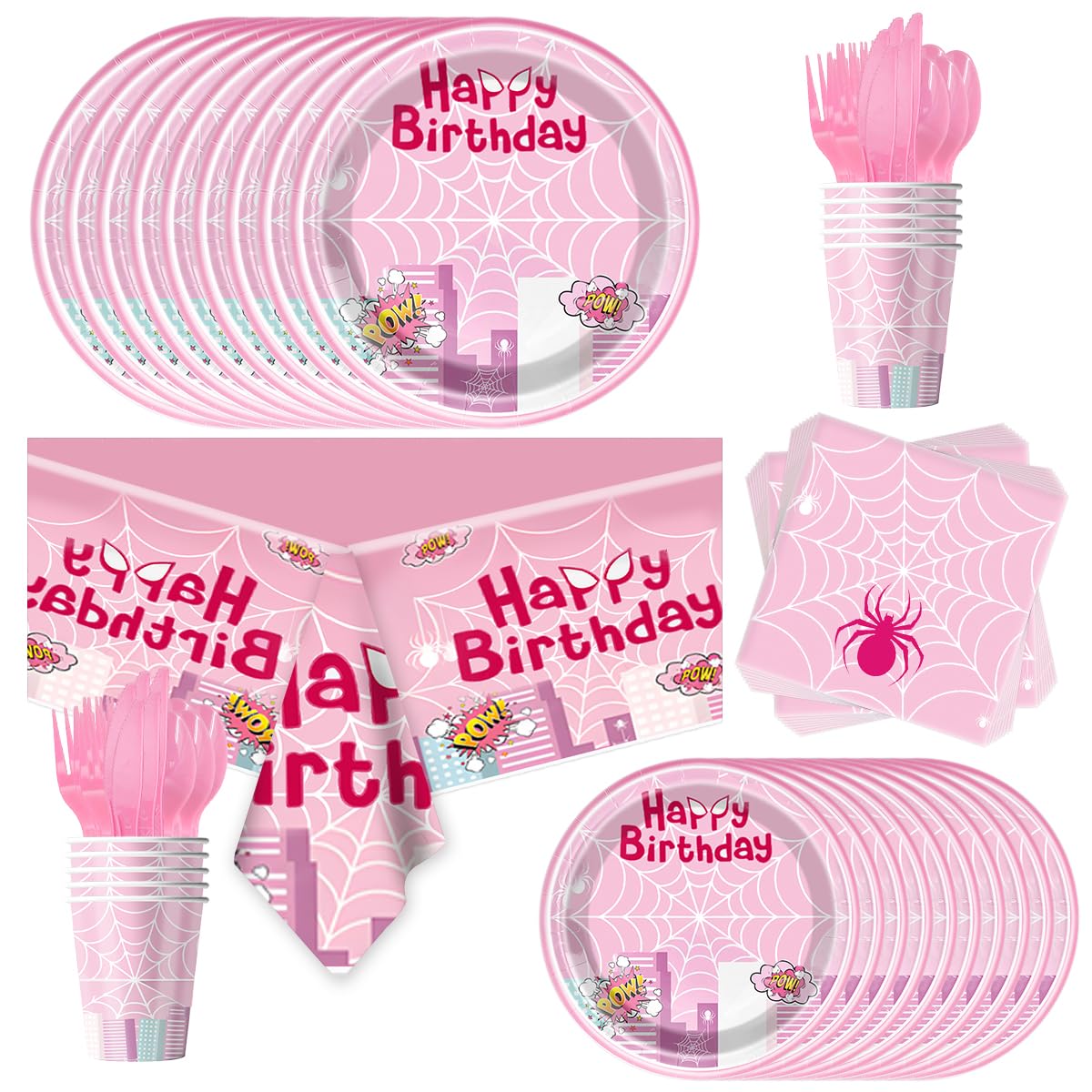 81 Pcs Pink Spider Party Tableware Set Girl Spider Birthday Party Supplies,Paper Plates,Napkins,Cup,knives,Spoons and Forks