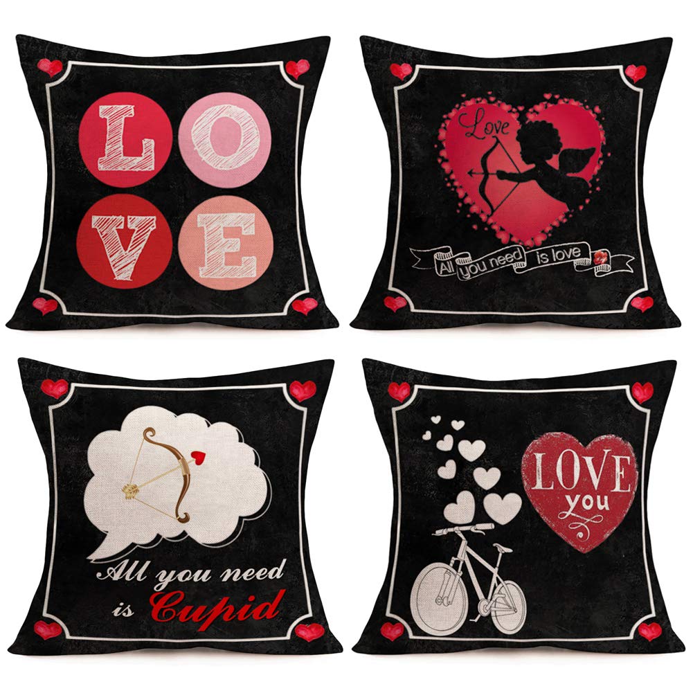 AsamourPack of 4 Black Style Valentines Cupid Love Arrow Pillow Covers 18x18 Inch Home Decor Pillowcase Happy Valentine’s Day Bicycle Love Words Throw Pillow Case Cushion Cover Valentines Decorations