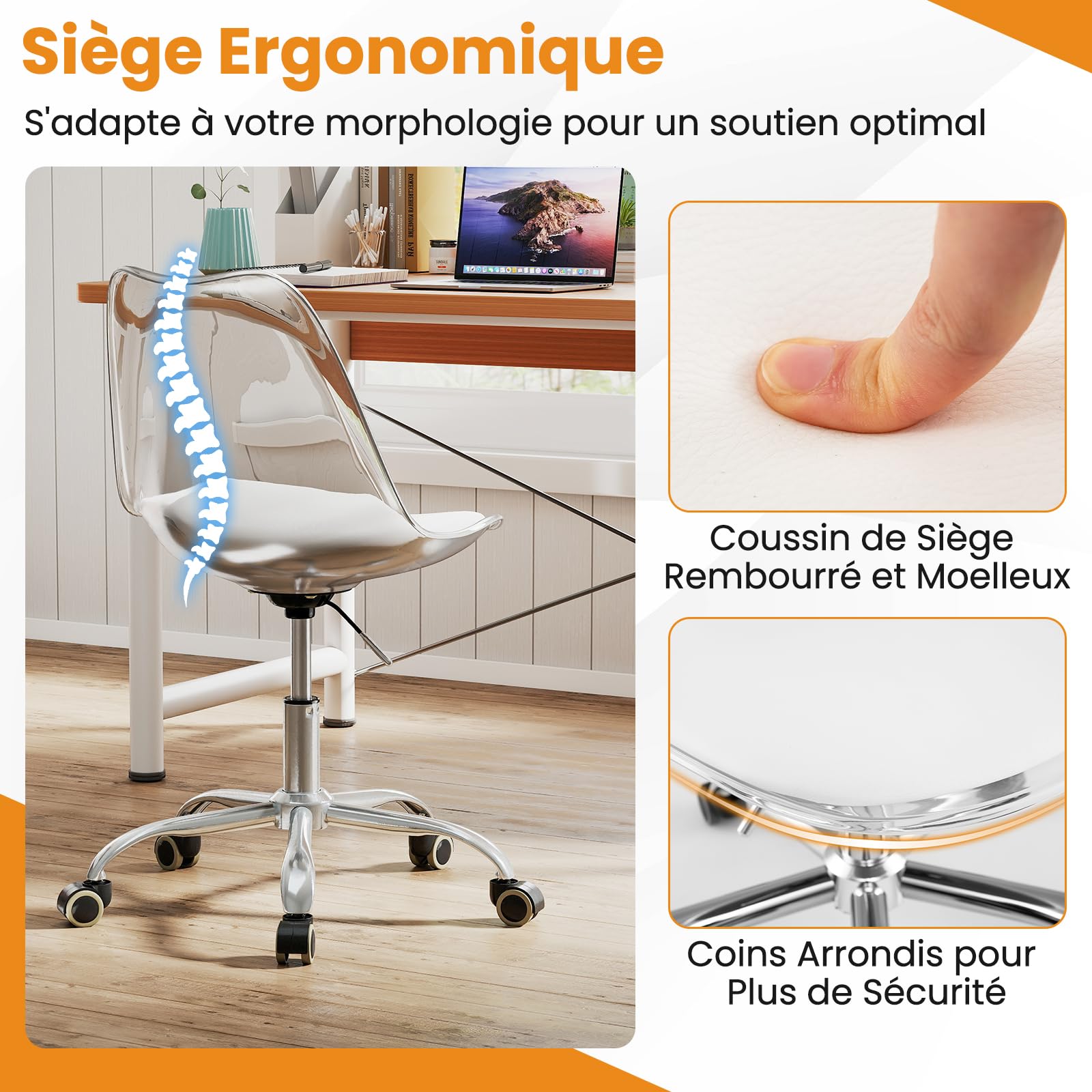GYMAX Chaise de Bureau Transparente Acrylique avec Hauteur Réglable