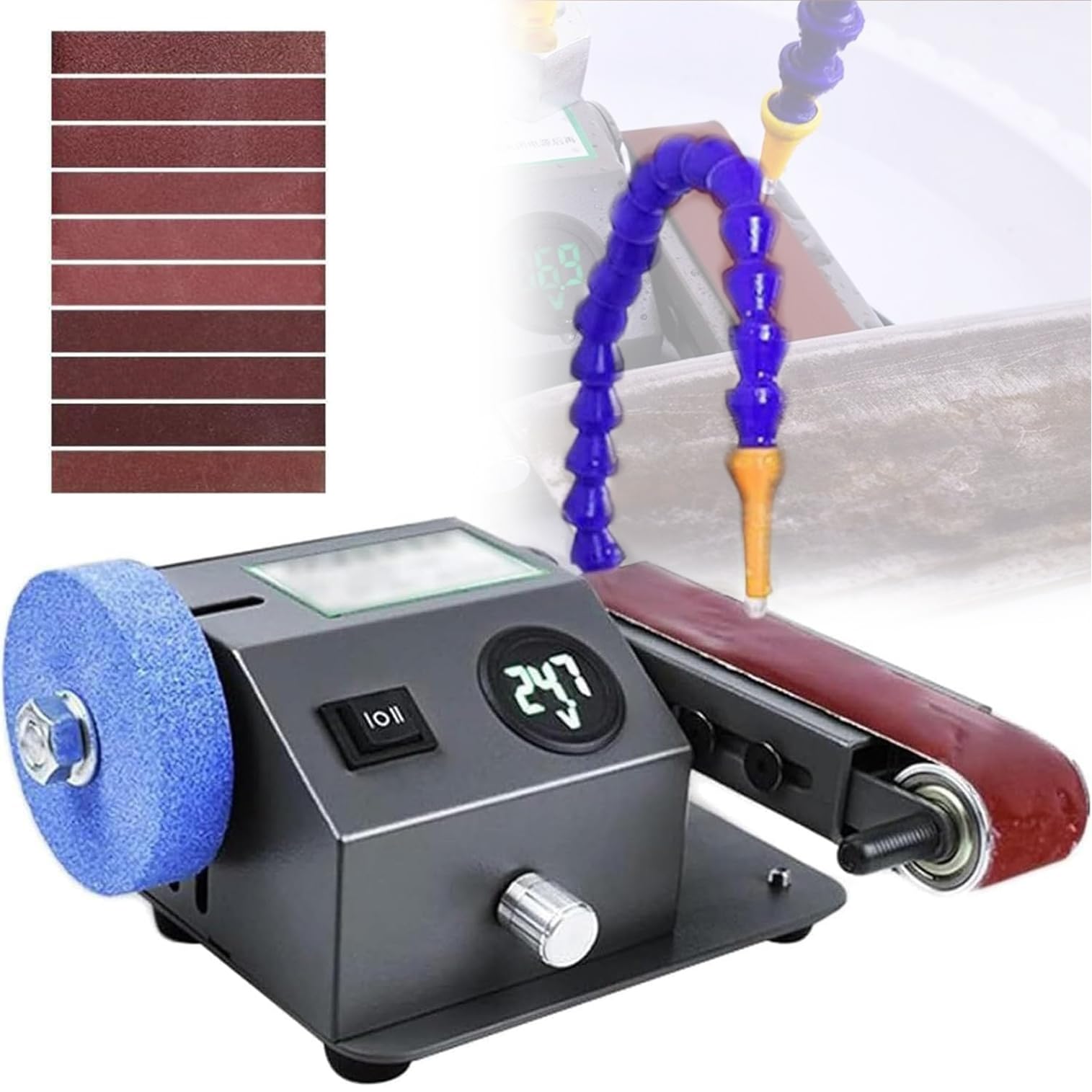 Electric Bench Sander, Wet & Dry Grinder Disc Sanding Machine, Max Speed 13000RPM, with Polishing Wheel & 10 Sanding Belts, LCD Display, for Metal, Jewelry, Wood