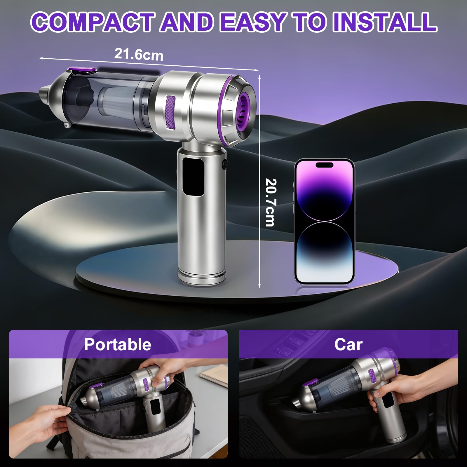 Aspirabriciole Senza Fili, 24000Pa 4-in-1 Aspirapolvere Auto Cordless con Schermo, Aspiratore e Soffiatore con Motore Brushless, per la cucina, l’automobile, la casa, i peli di animali