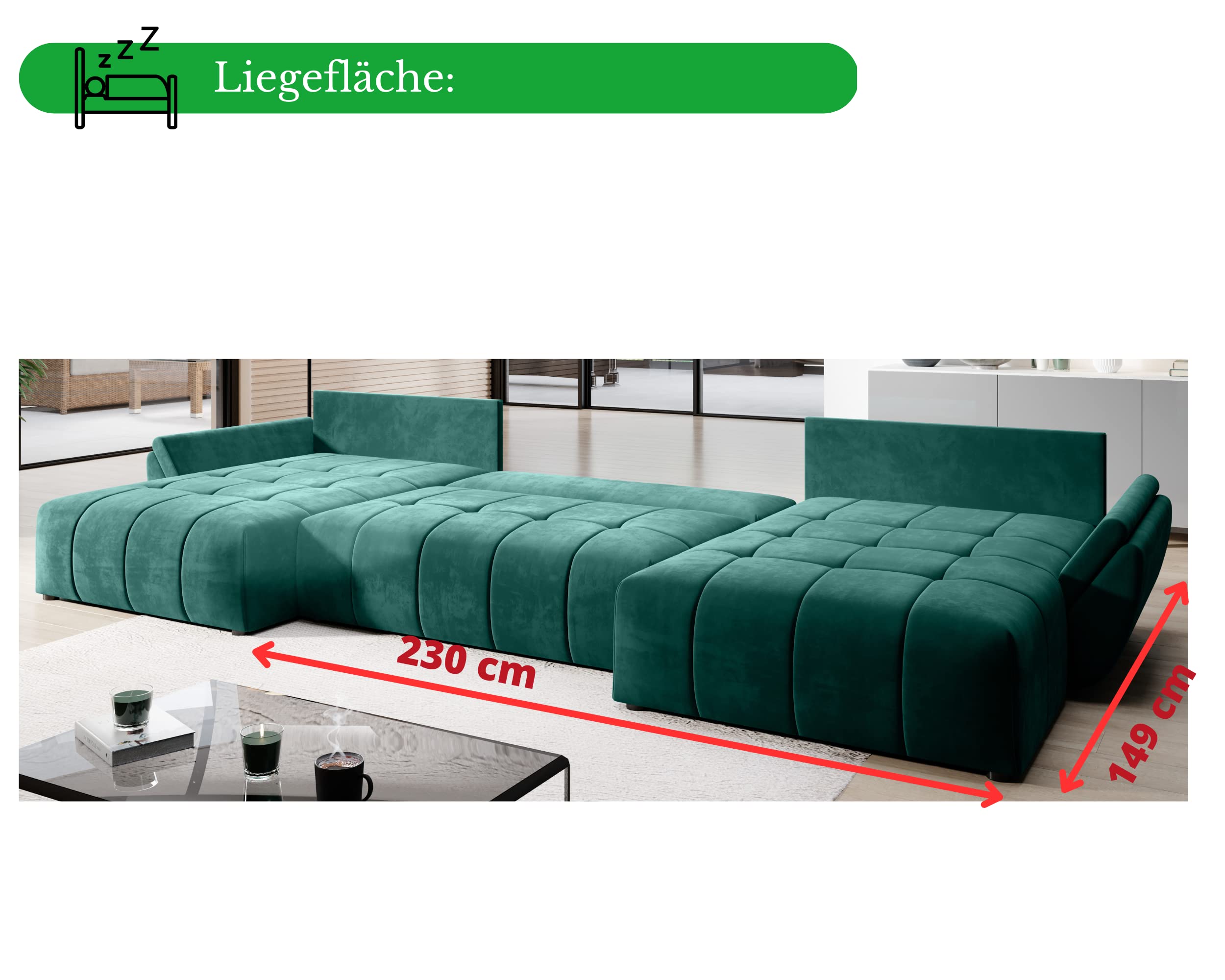 Sofa rozkładana w kształcie litery U Velvet Monolith 382 x 190 cm, wysuwana sofa z sofą Sto i Cushs, wszechstronna kanapa w kolorze M-38, idealna dla małych dzieci