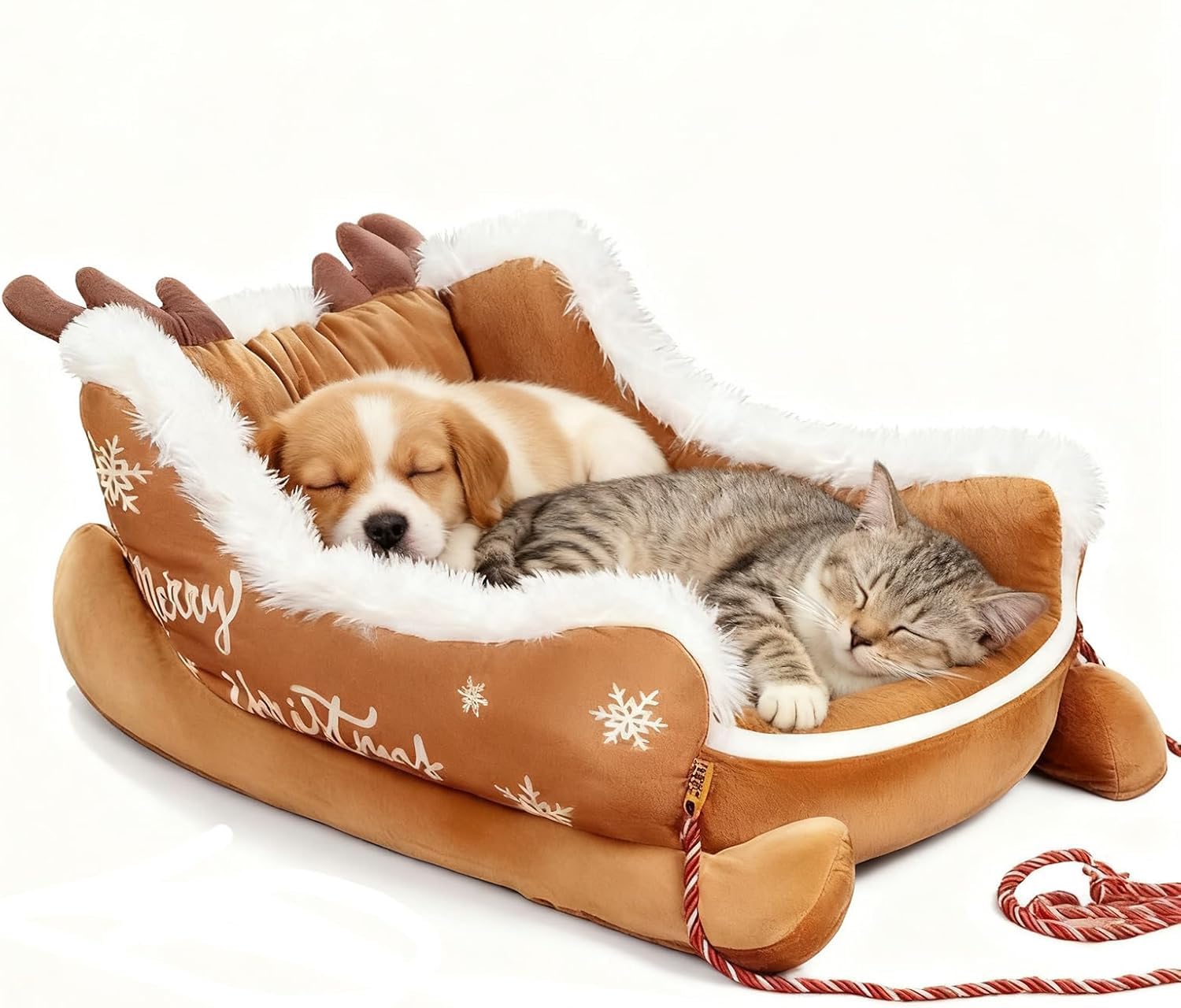 Cuccia Natalizia Cane, Letto per Gatti, Morbido Letto Festivo Natalizio per Animali Domestici, Grande Cani Forma di Slitta Natalizia, Accogliente Salotto per Animali (Brown,S)