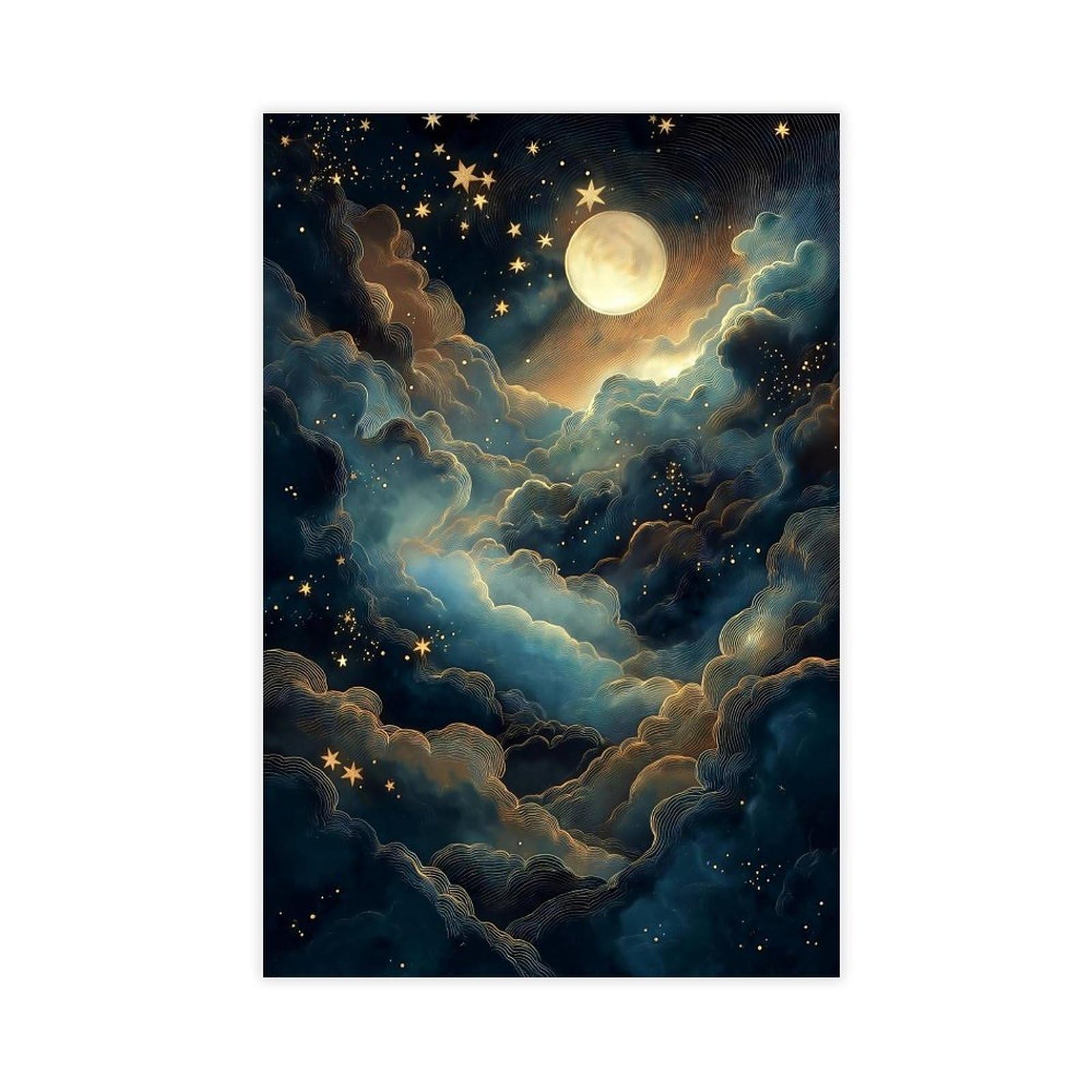 Bareronor Moon And Stars Celestial Cloudscape Canvas Poster Bedroom Decor Landscape Office Room Decor Gift 24" L X 36" W