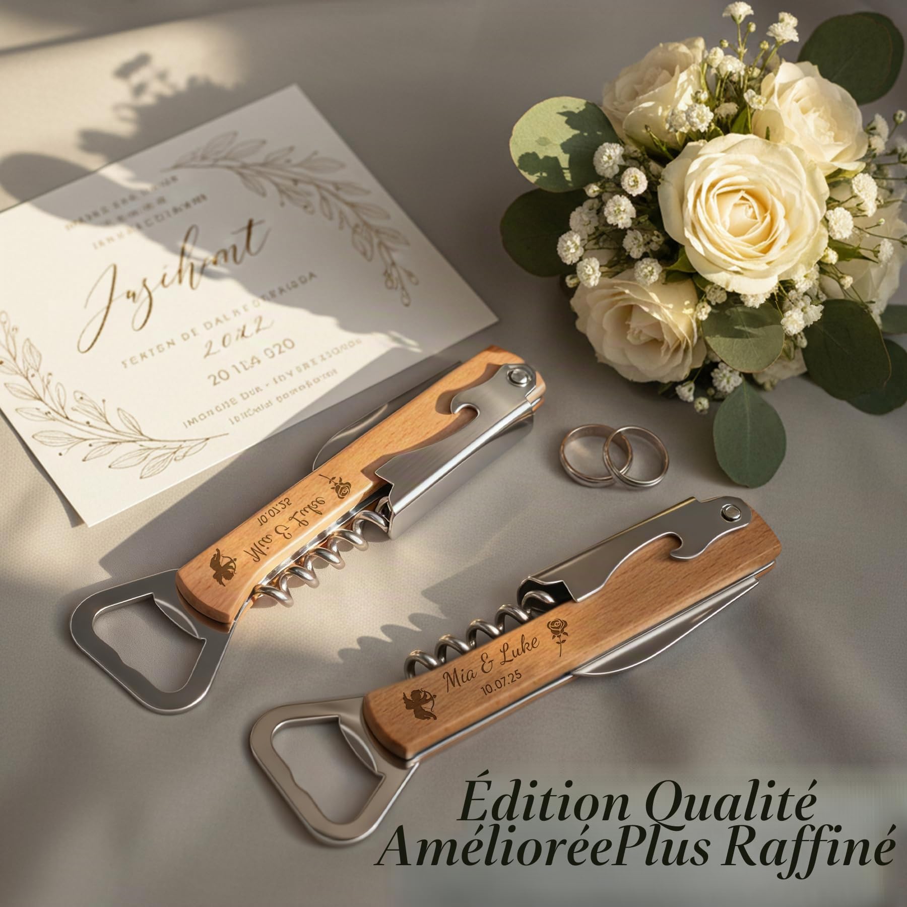 10 Pièces Tire Bouchon Personnalisé, Cadeau Invité Mariage, Décapsuleur en Bois Gravés Double Face, Idéal pour Bar, Maison, Anniversaire et Fête