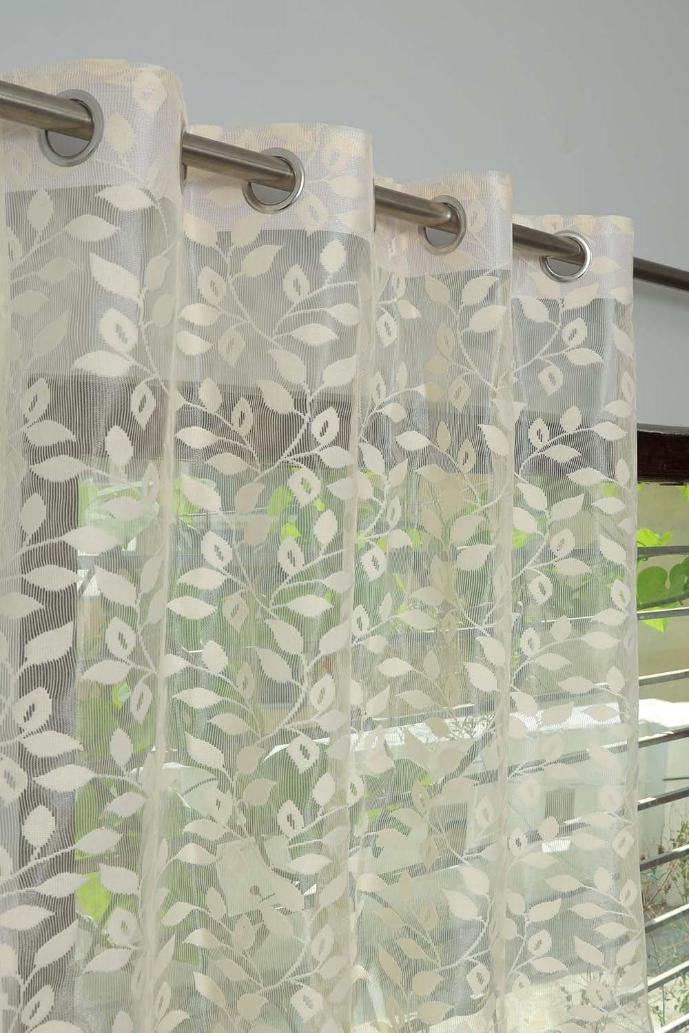 Fabrilia Leaf Net Semi Transparent Door Semi Sheer Grommet Curtains 7 Feet Set of 2, Cream
