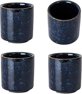 Porcelain Japanese Sake Cups Straight Edge Ochoko Set of Four 1.25 fl oz Hot or Cold Sake Home or Restaurant Supply Use Reactive Glazed Ceramic (Navy Blue)