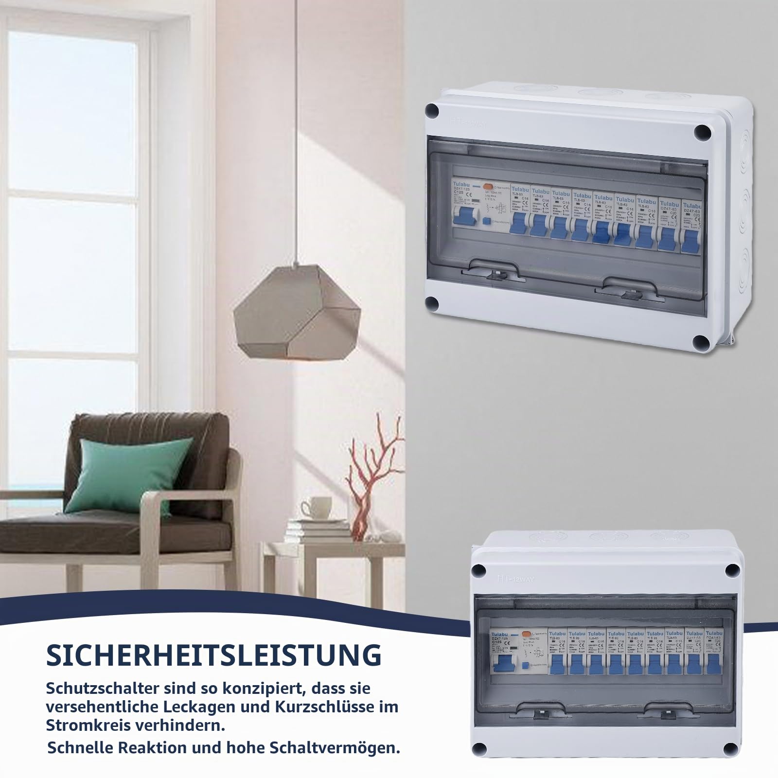Sicherungskasten Aufputz IP65 mit Schutzschalter, Verteilerkasten mit Fi Schutzschalter, Unterverteilung Aufputz, Verteiler Kleinverteiler,Leistungsschalter 125A, AC Trennschalter 7x16A+2x20A
