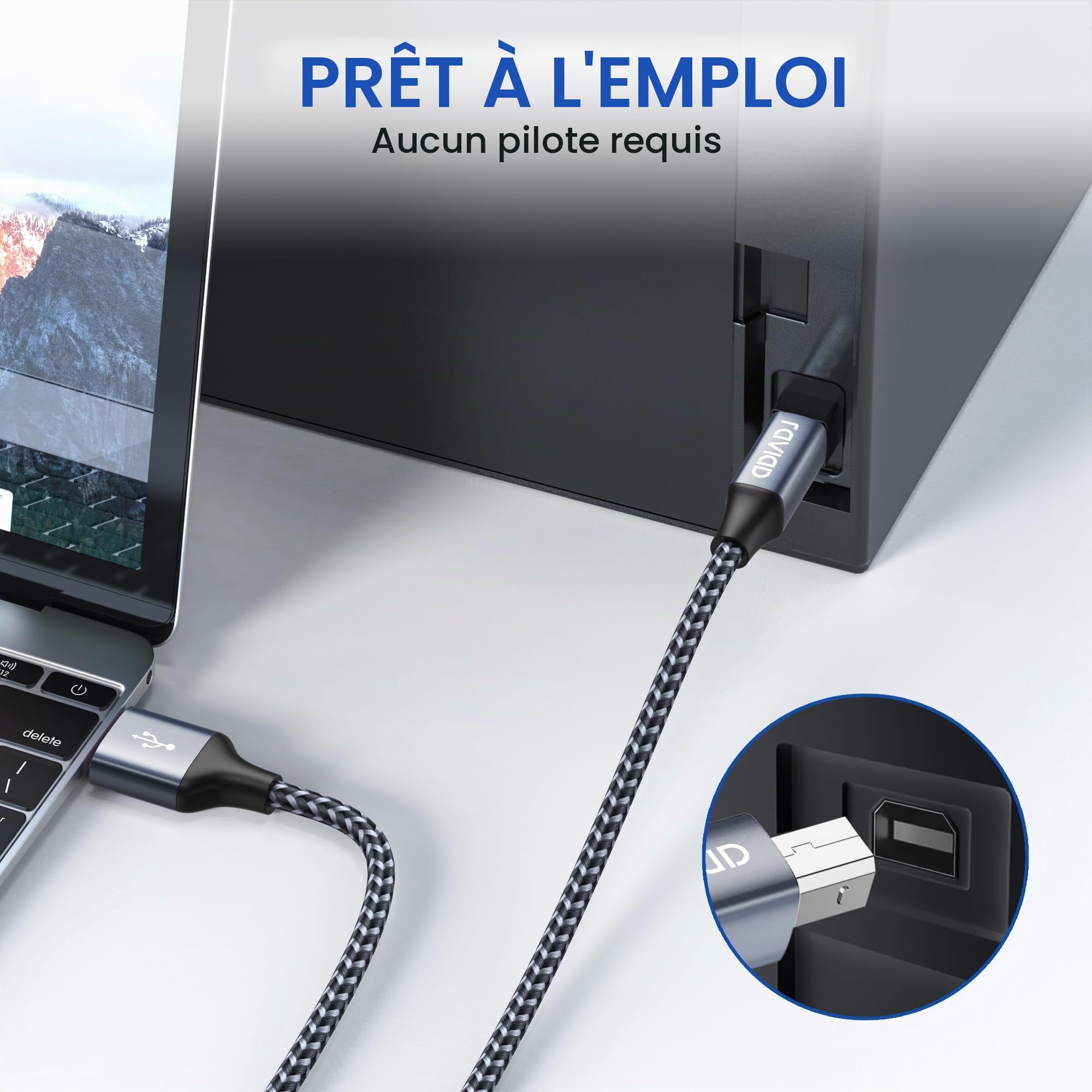 RAVIAD Câble Imprimante USB 2.0 A Mâle vers B Mâle 2M Nylon Gris