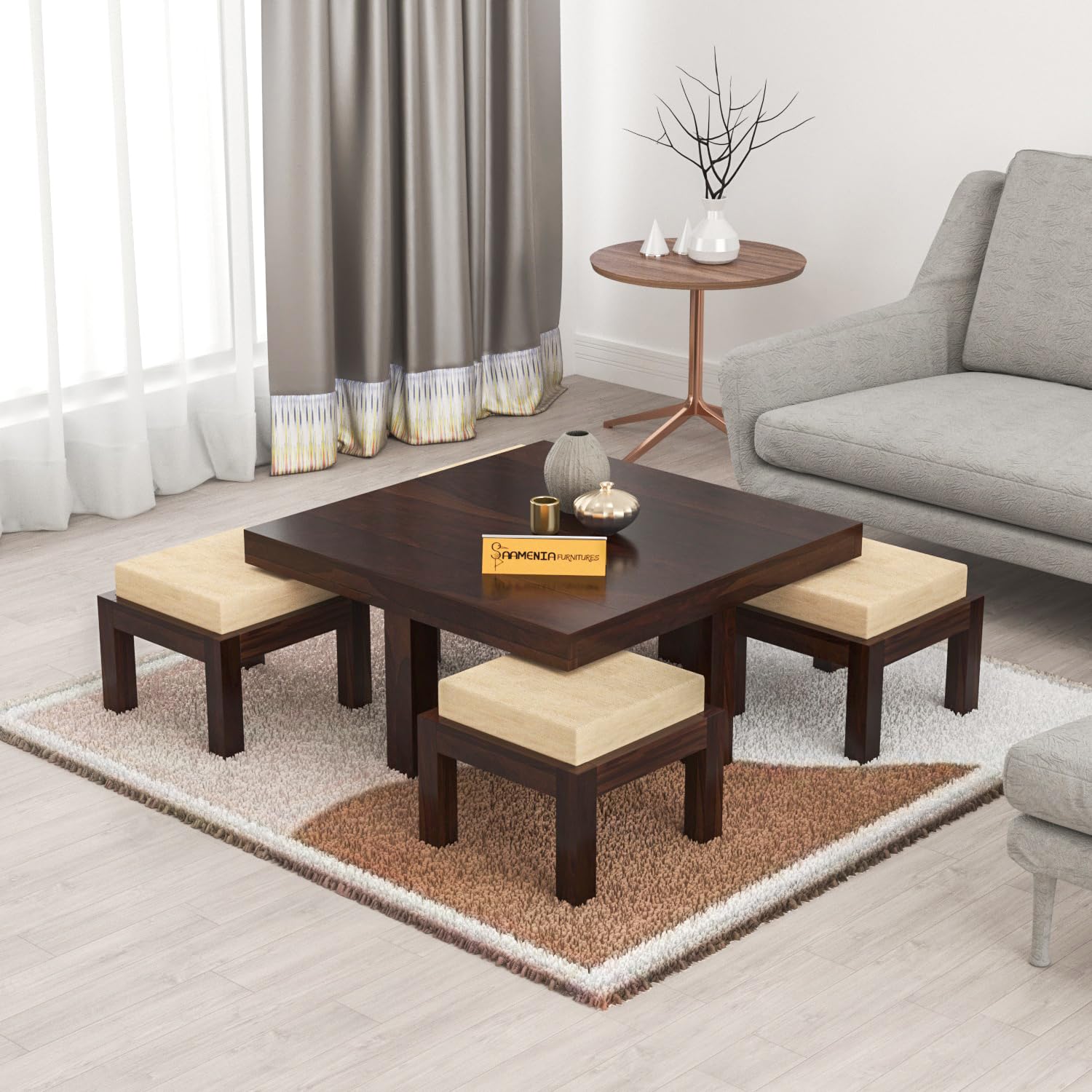 sheesham wood center coffee table set with 4 stools for living room home hall solid wood tea table wooden furniture for home office (a-walnut)