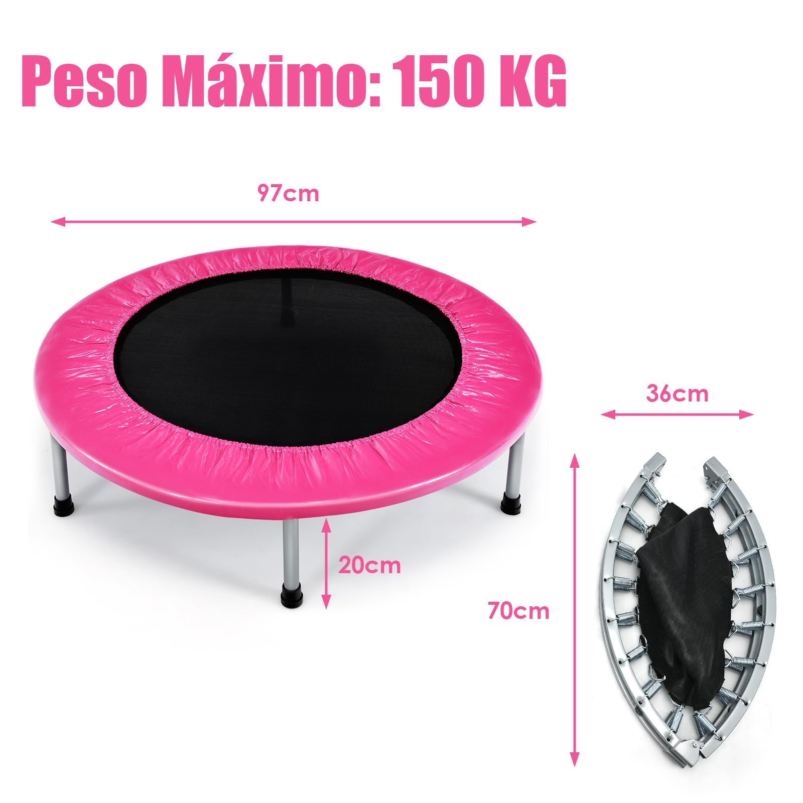 GOPLUS Mini Trampolín Fitness Plegable, Silencioso Trampolín Deportivo para Interior y Exterior con Alfombra de Seguridad, Carga Máxima 150KG, para Adultos y Niños