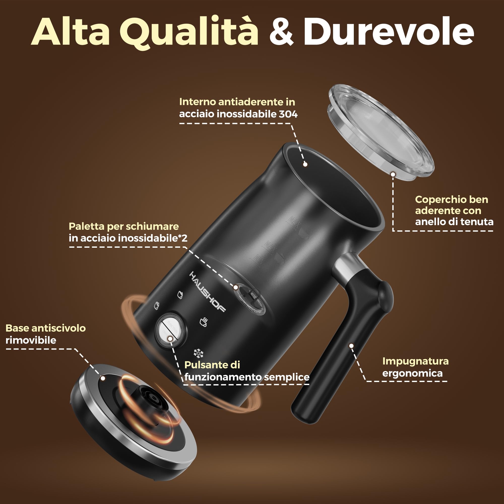 HAUSHOF Montalatte Elettrico 4 in 1 con Doppio Interruttore, Macchina per Cappucino, Scaldalatte, Schiuma Latte, Capacità Massima 300 ml, Nero