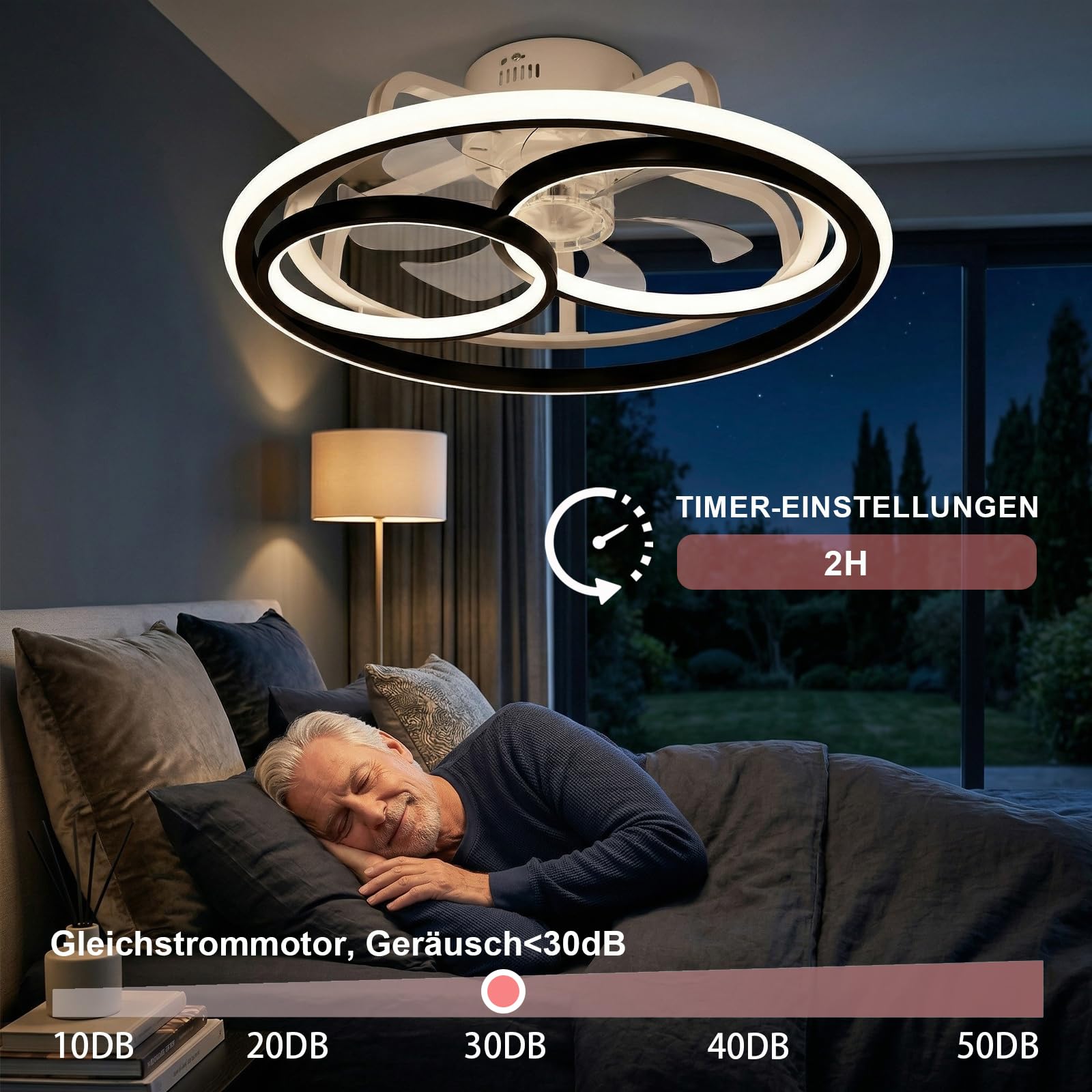 DATO Ventilador de techo con luz, 3 temperaturas de color y 6 velocidades, ventilador de techo LED con lámpara, silencioso y regulable (C)