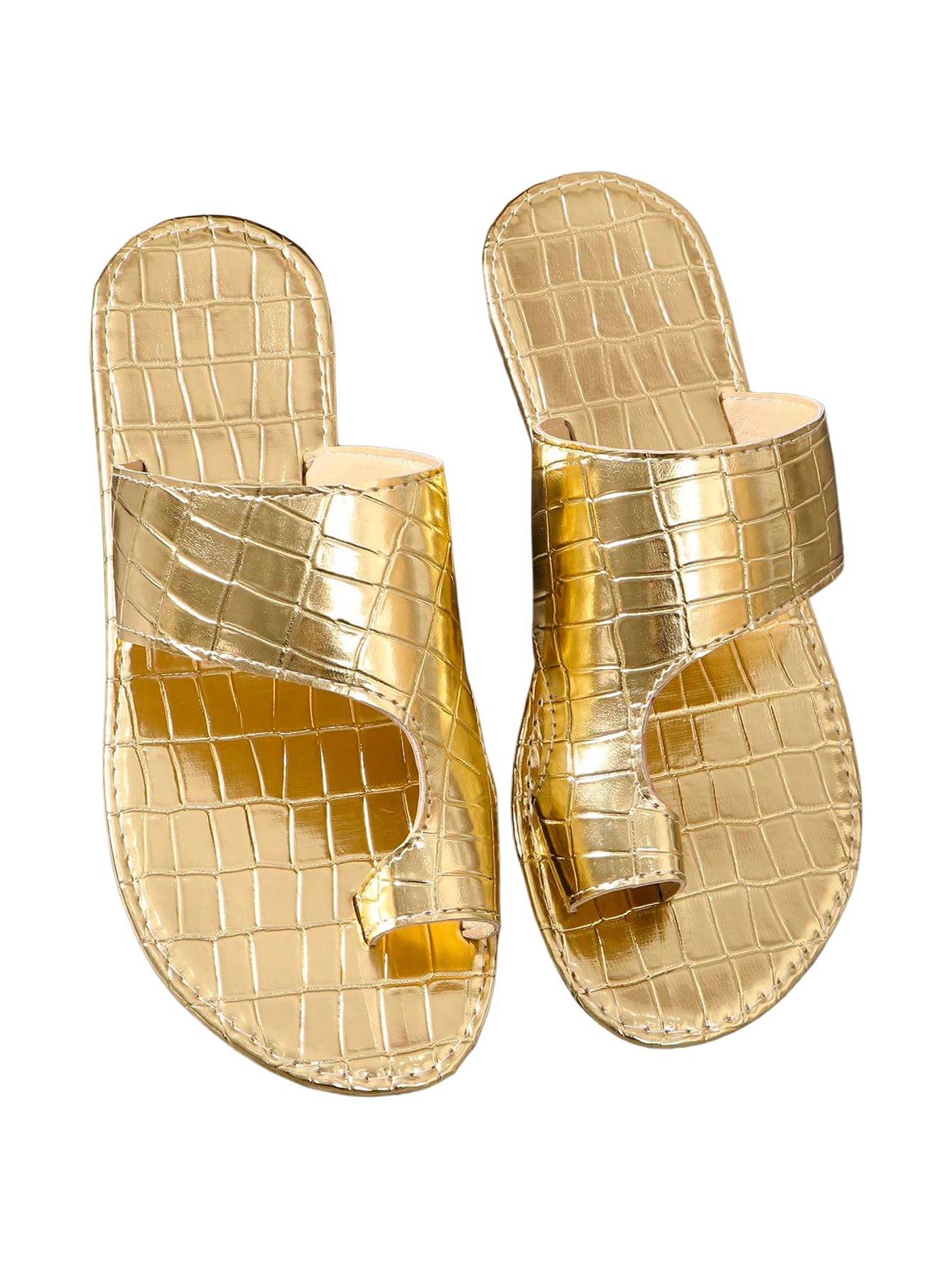 GORGLITTER Women's Gold Metallic Cut Out Flat Sandals Dressy Toe Ring Vacation Slides Flip Flops