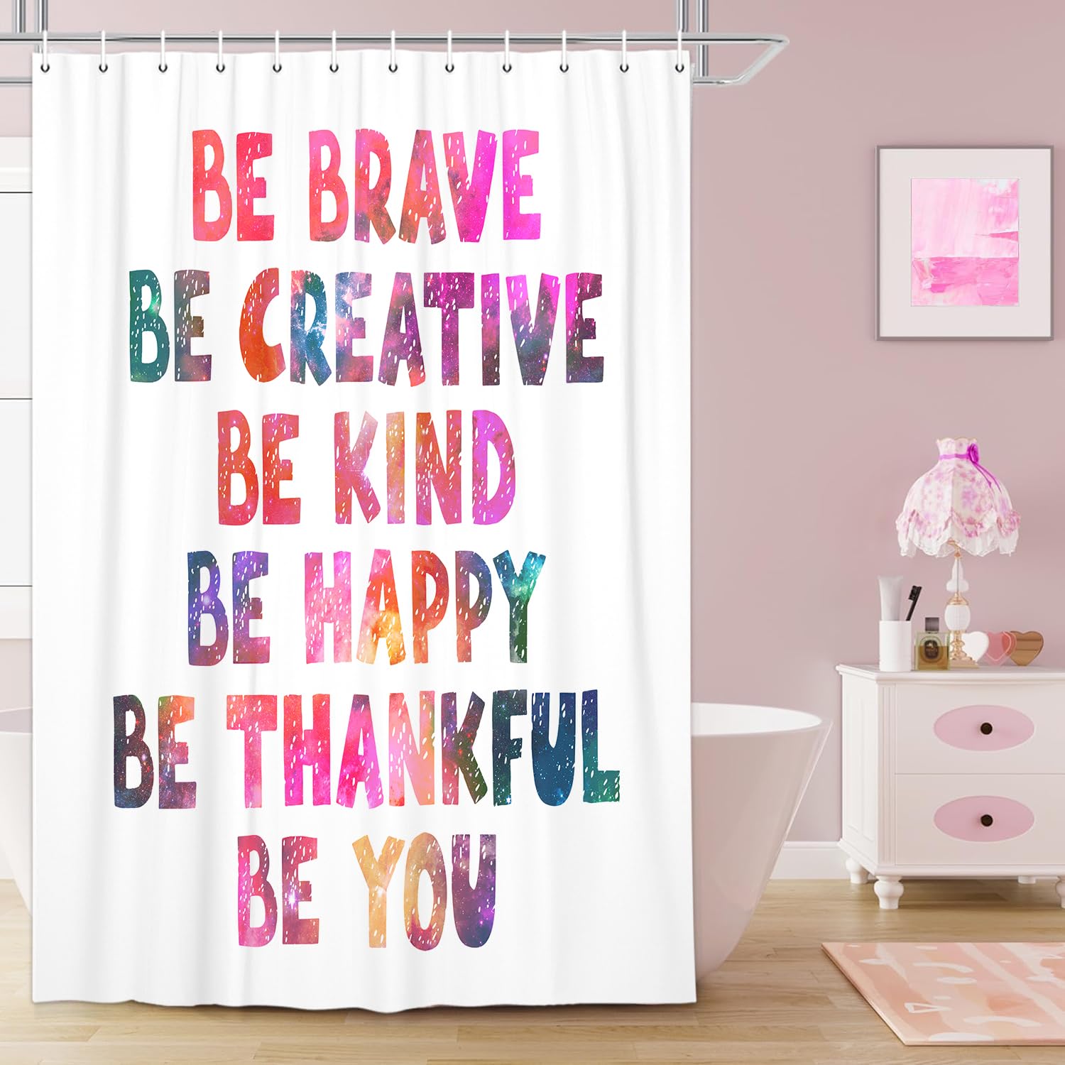 Wathon Kids Boho Rainbow Inspirational Quote Shower Curtain Watercolor Rainbow Style, Colorful Motivational Positive Fun Words Bath Set for Teens Boys