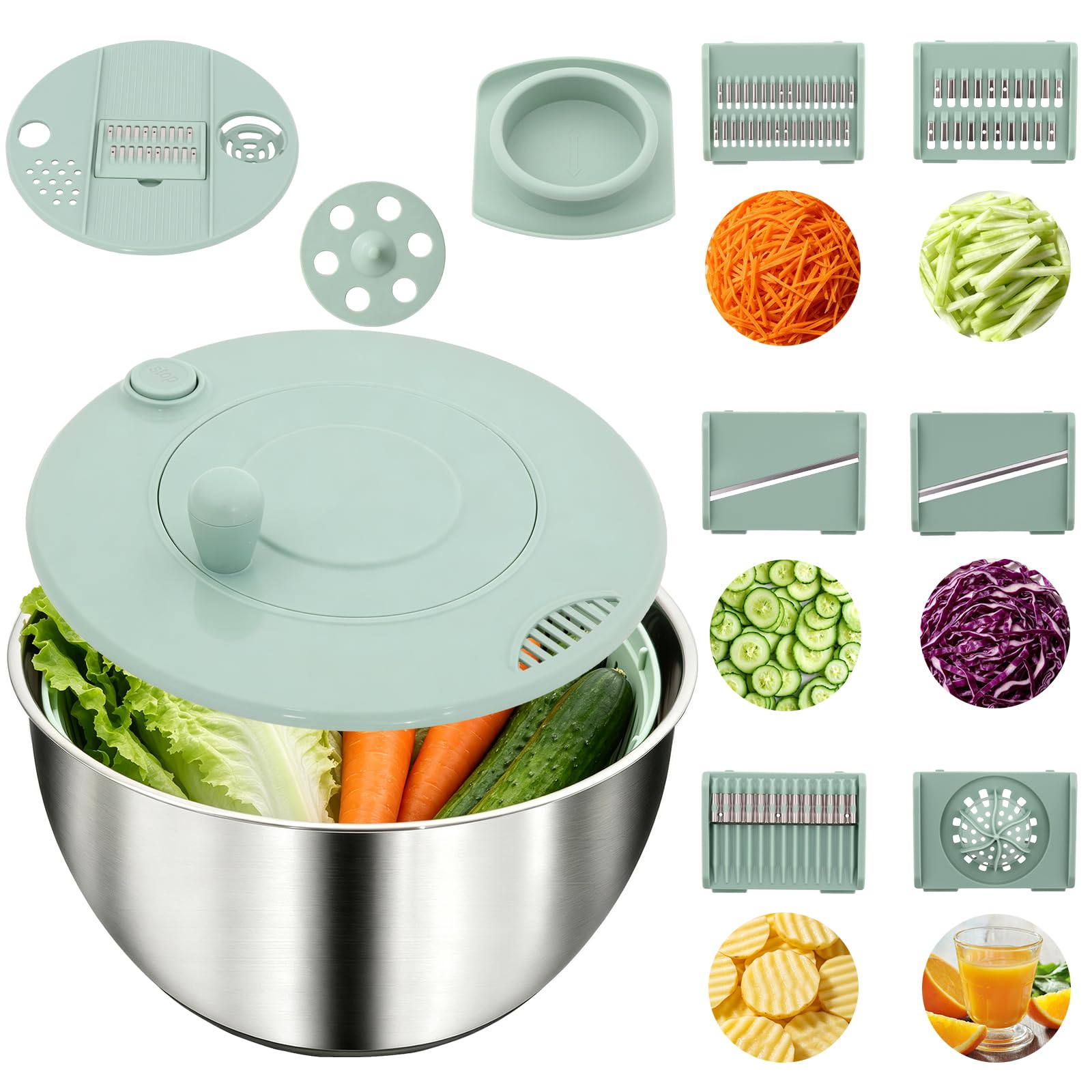 3‑in‑1 Salad Spinner, 4L Stainless Steel Vegetable Chopper with 5‑Blade Slicer, Juicer & Egg Separator, Manual Rotary Fruit Dryer for Salad Veggies Pasta Kitchen Prep