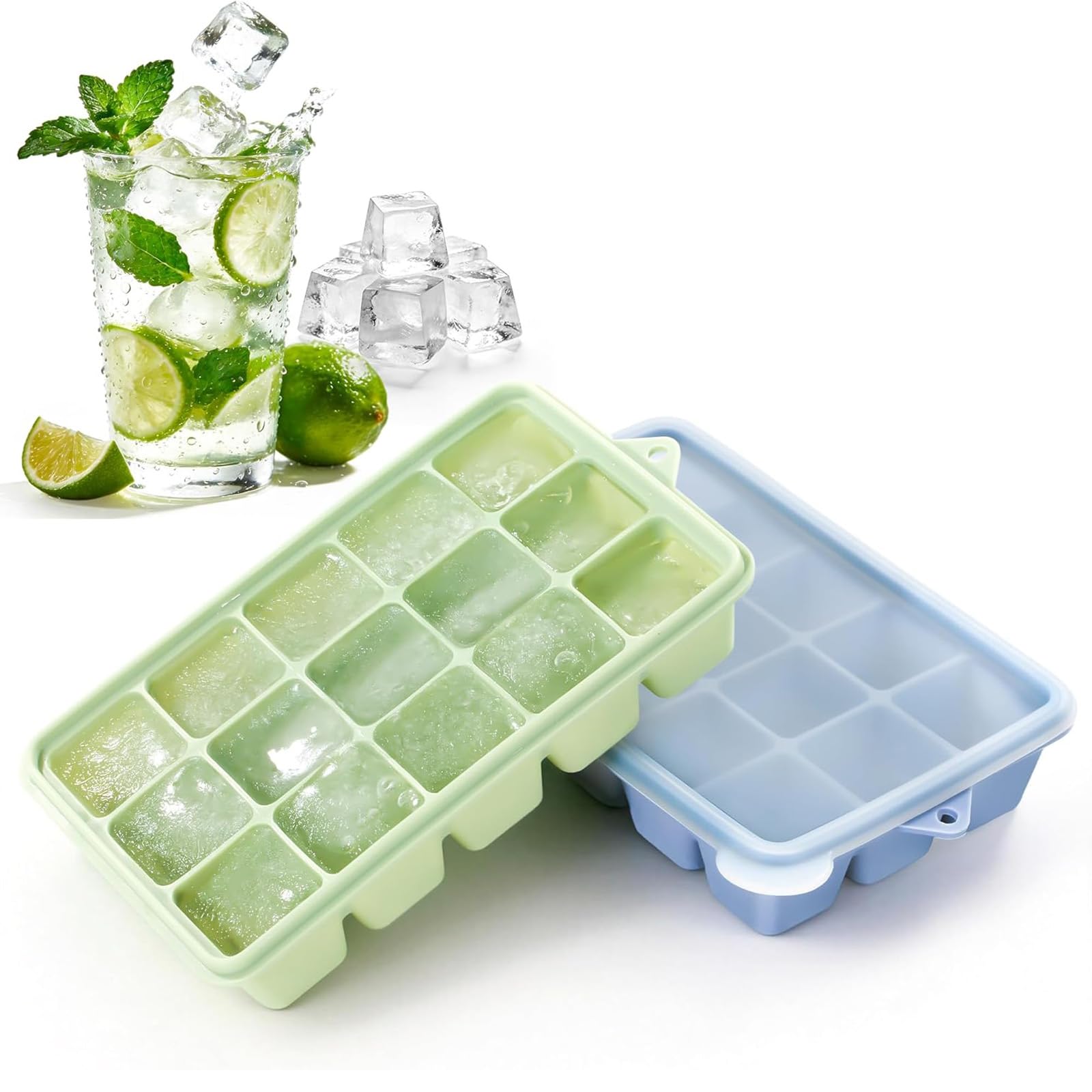 Novastream 2 Pack Silicone Ice Cube Tray with Lid, Reusable Ice Cube Trays with Lids for Freezer, BPA Free, Dishwasher Safe, Blue & Green