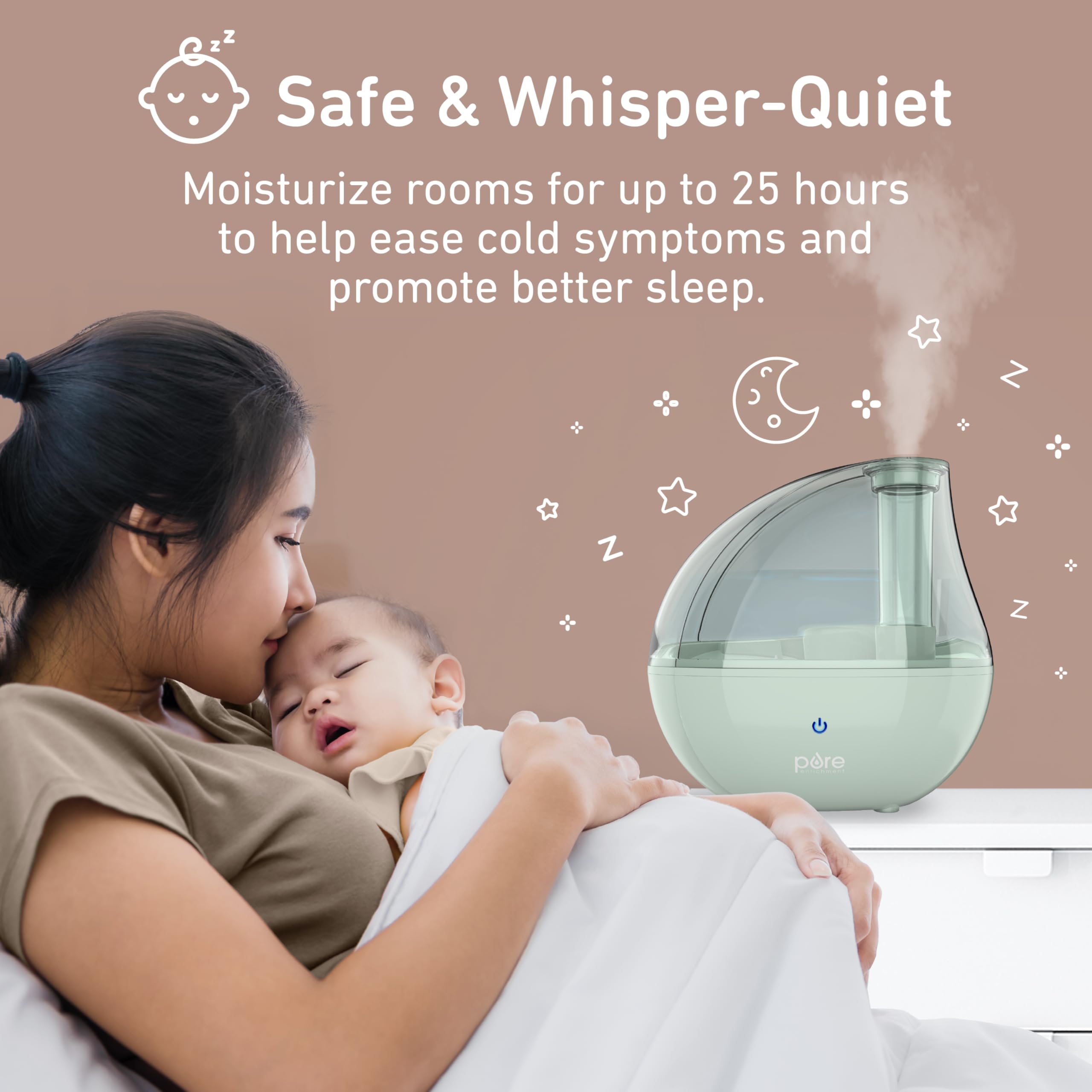 Pure Enrichment® MistAire™ Silver Ultrasonic Cool Mist Humidifier - Lasts Up to 25 Hours, Whisper-Quiet Overnight Operation, 360° Mist Nozzle, Easy-Fill Tank, & Auto Safety Shut-Off (Whisper Green)