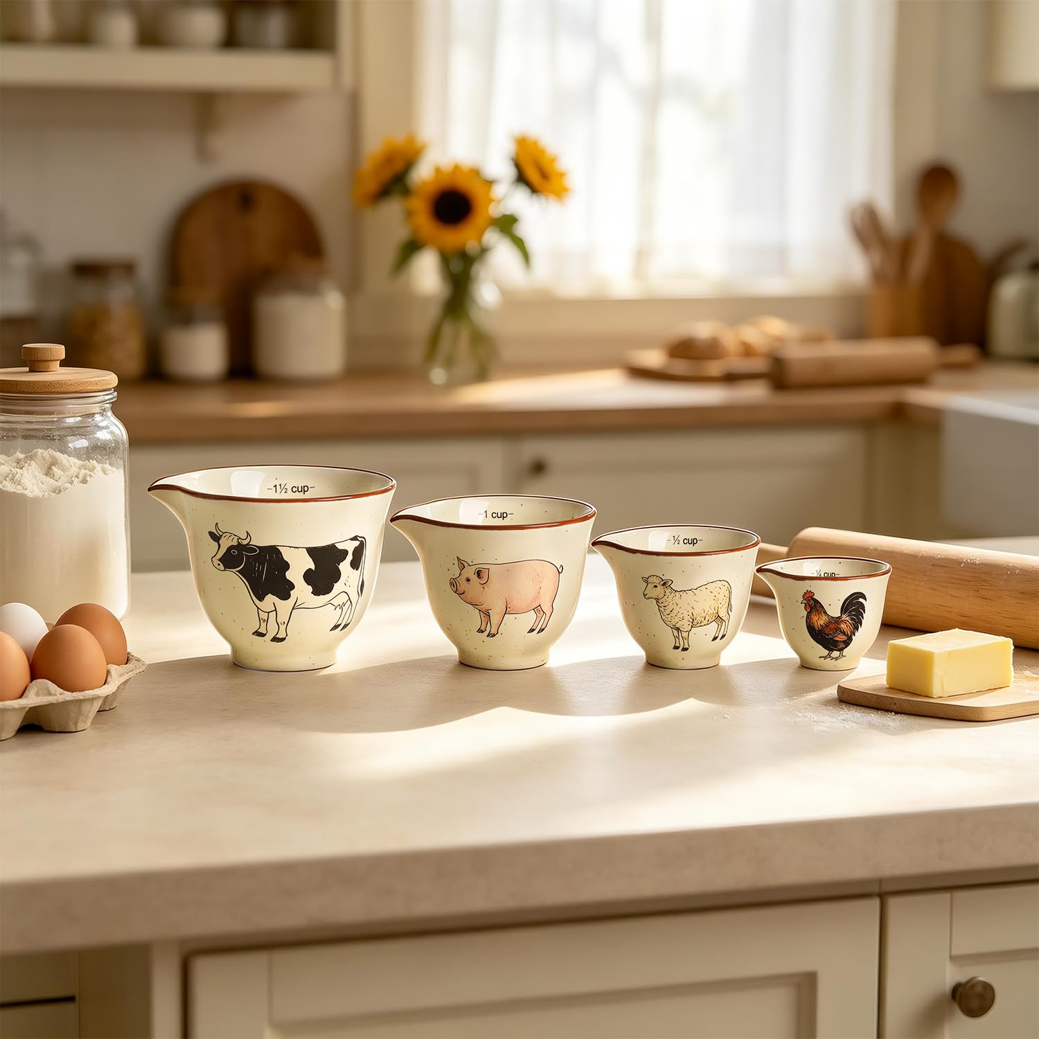 Sizikato Set di misurini in ceramica, 4 tazze in ceramica per cucinare e cuocere, simpatici motivi di animali