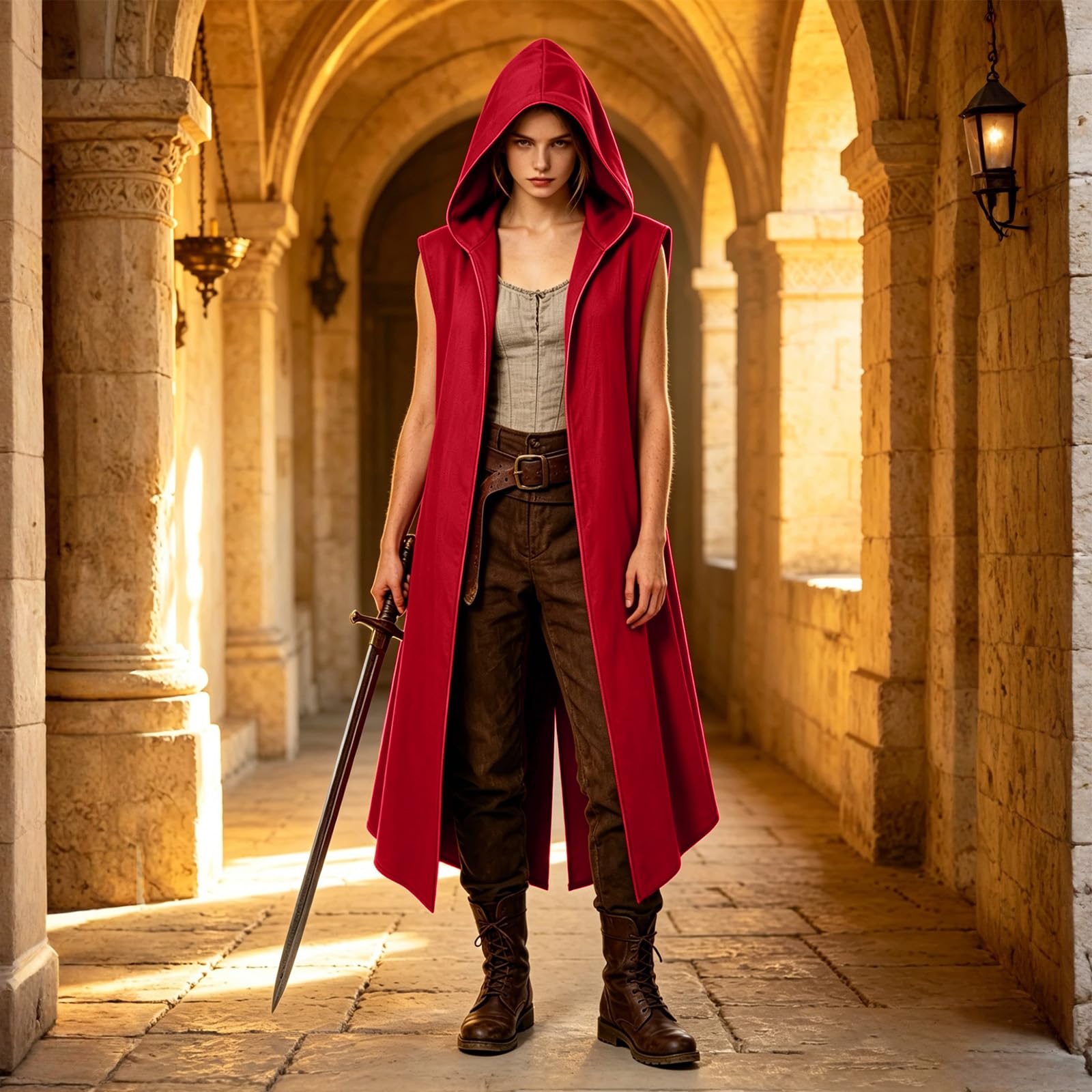 Abrigo renacentista con capucha para hombre, medieval, frente abierto, sin mangas, túnica de caballero para Halloween
