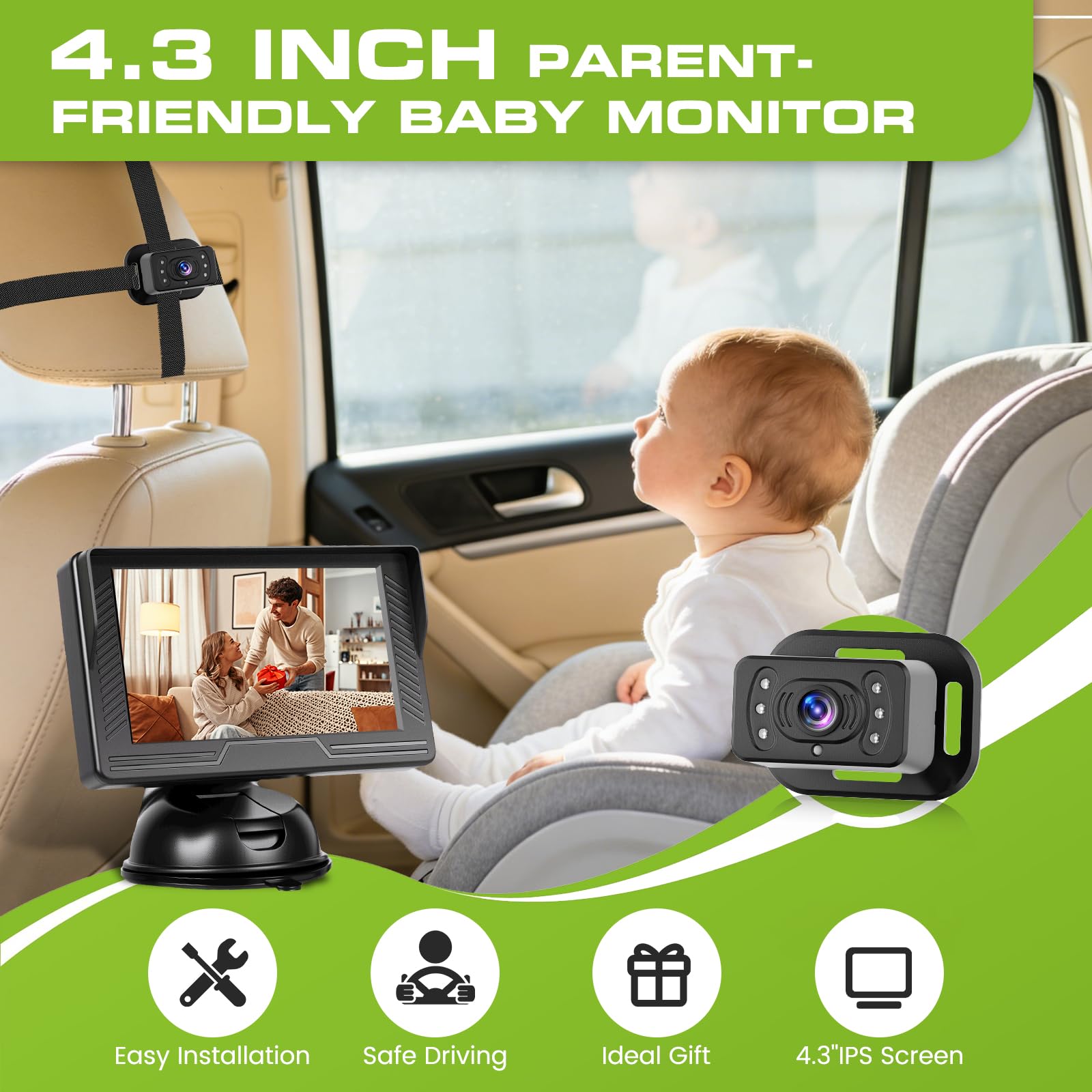 Hikity Cámara de Coche para Bebé 4,3 Zoll IPS Display Visión Nocturna,360° Giratorias,Einfache Installation,Kompatibel mit Limousinen, Kleintransportern, und SUV