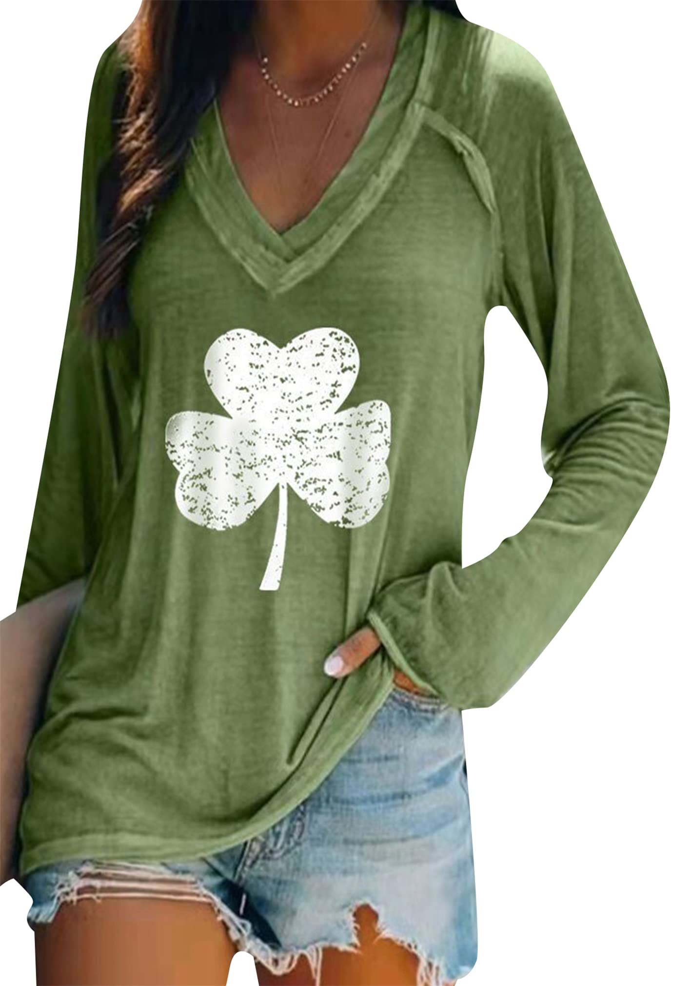 BOFETA Women St Patricks Day Sweatshirts Loose Long Sleeve Shirts Green Shamrock Print Blouse Flowy Color Block Pullover Tops