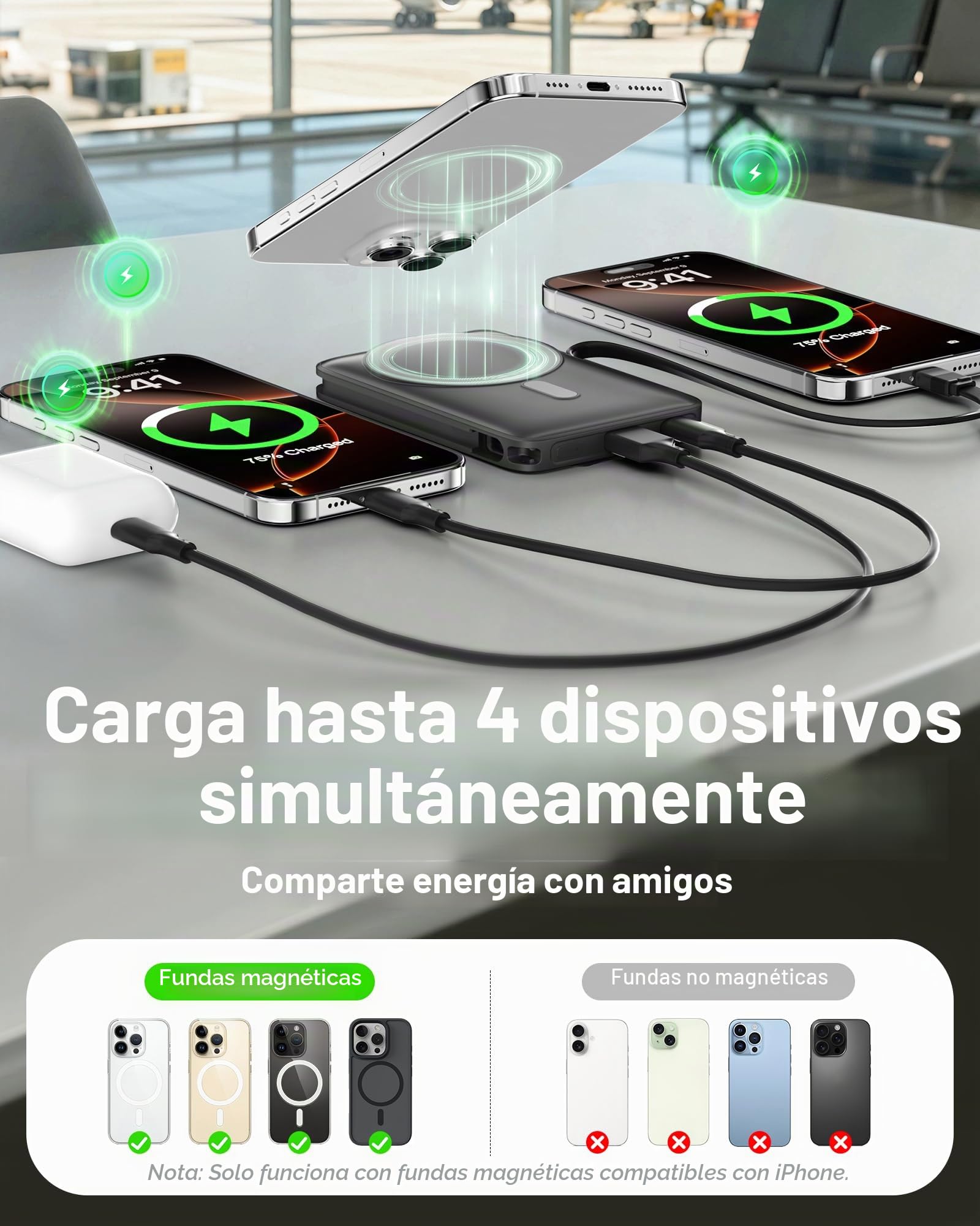 2026 para Magsafe Power Bank con Soporte, Magnética Batería Externa Carga Rapida 10000mAh con Cable USB-C Integrado, Inalámbrica Batería Portatil para iPhone 17 16 15 14 13 12, Rojo