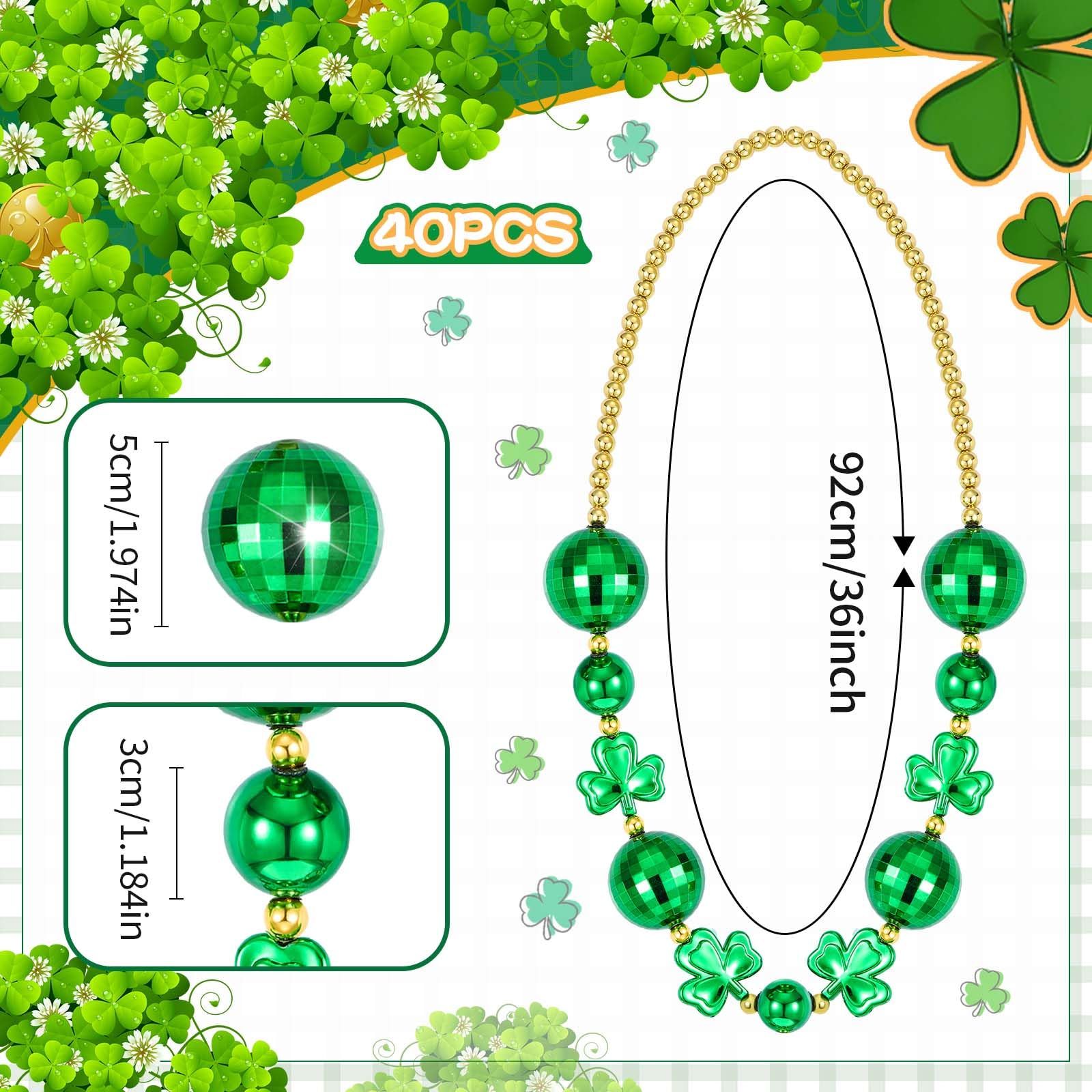 Cozypower 8 Pcs 36'' St. Patrick's Day Jumbo Ball Beads Necklaces Set Green Jumbo Shamrock Ball Round Bead Necklace Bundle for Irish Holiday Party Costume Accessories