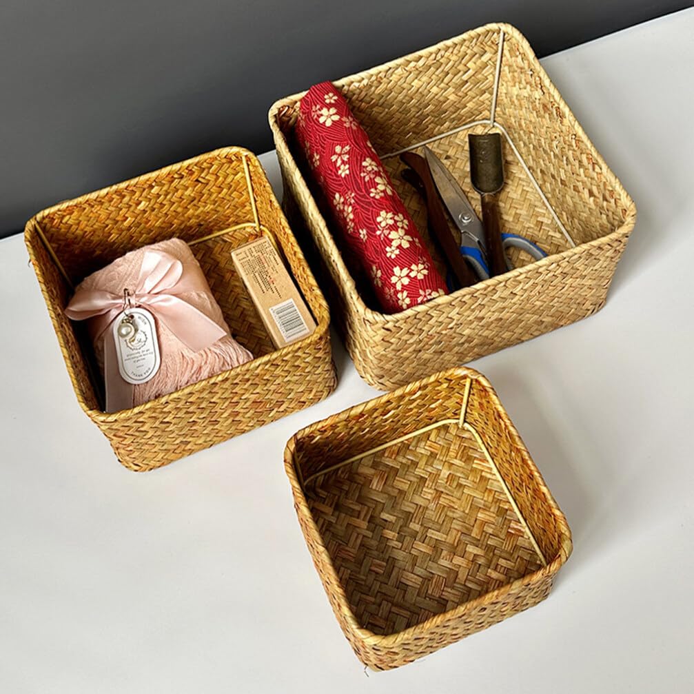 Alipis 3pièces Panier Mer Herbe Tissée Boîte De Rangement Carrée Multifonctionnelle Pour Cuisine Panier Pour Organiser Vos Affaires Maison