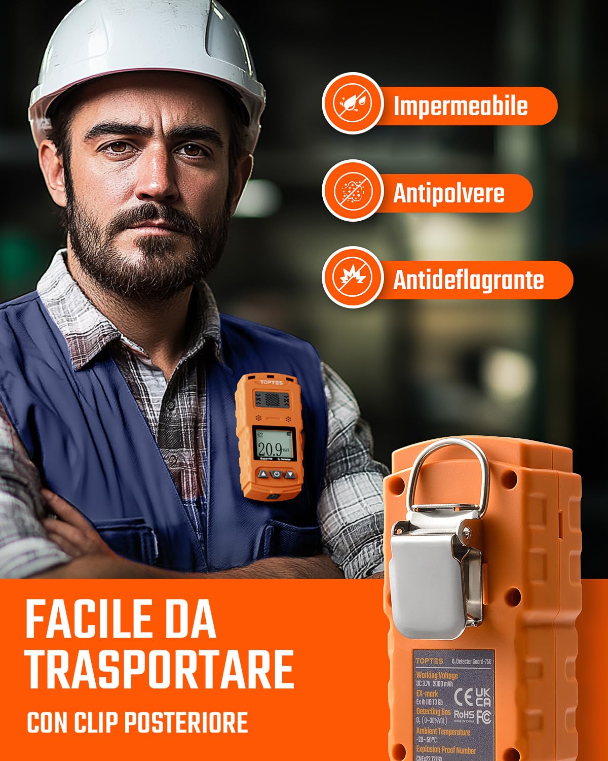 TopTes Guard-756 Monitor O2 Aggiornato, Rilevatore di Ossigeno Portatile, Risposta in 0,5s, Ricaricabile, con Allarmi a Vibrazione, Visivi & Sonori, Resistente a Polvere ed Esplos., per Lavoro e Casa