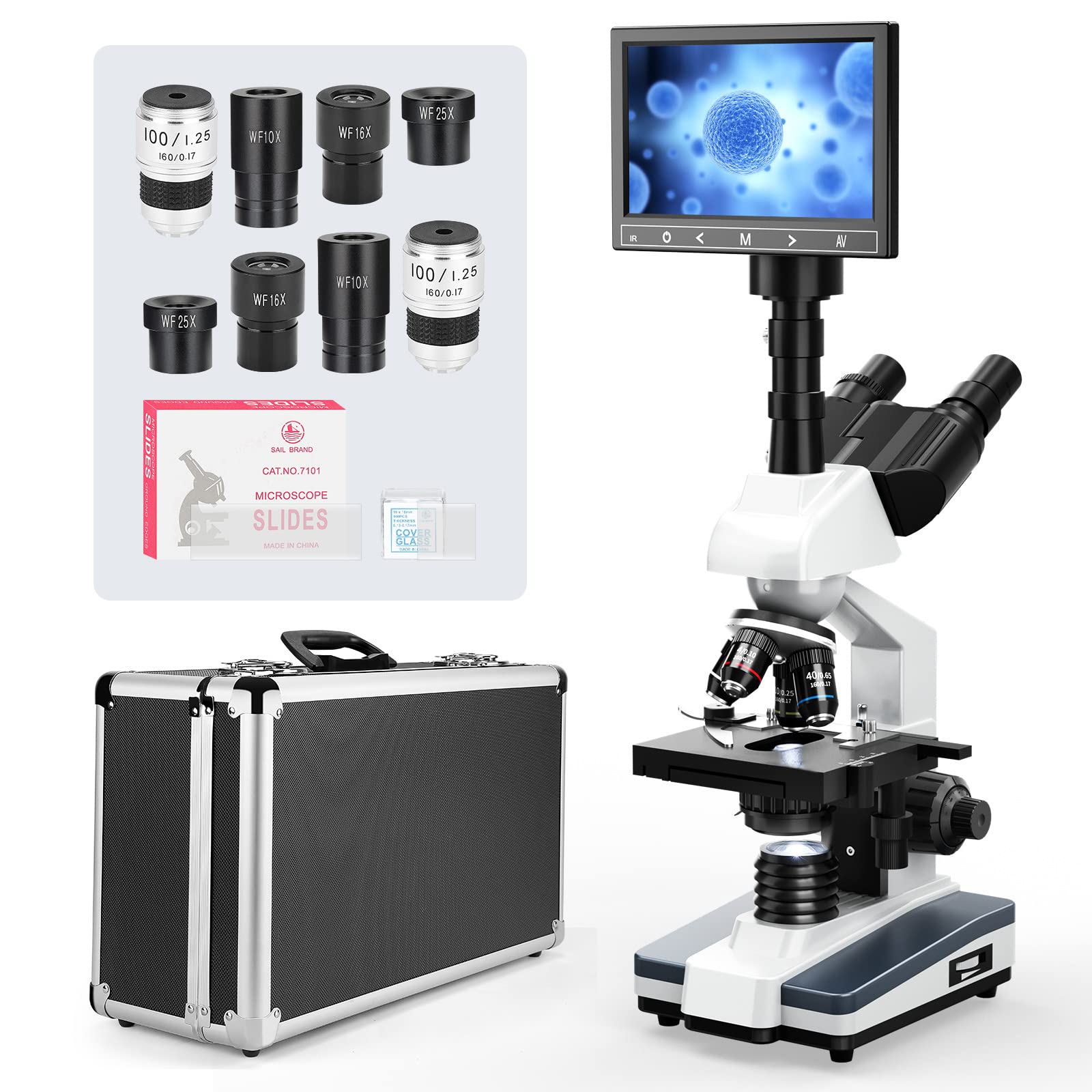 Microscopio trinoculare composto da laboratorio di ricerca con ingrandimento 40X-2500X con schermo LCD da 7 pollici, oculare elettronico da 5 MP, stadio meccanico a due strati per