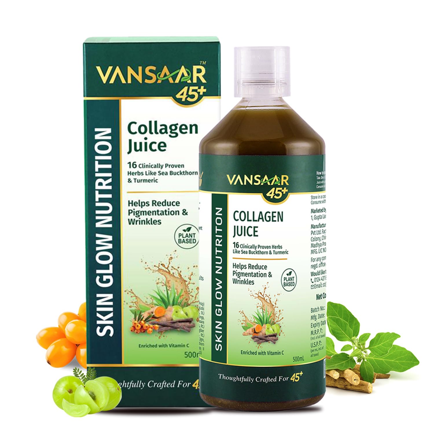 Vansaar 45+ Collagen Juice - 500 ML | Collagen Beauty Supplement for Women & Men with Amla, Aloevera, Sea Buckthorn, Vitamin C & 12 More Powerful Herbs | For Healthy Skin & Hair, Anti-Aging