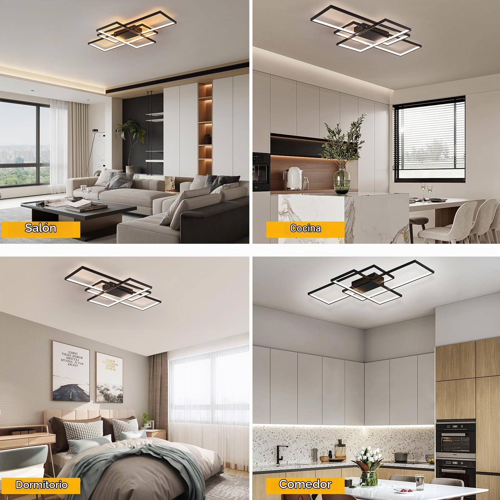 Moderna Lámpara de Techo LED 50W Regulable con Mando, Negro, 90cm | Iluminación Ajustable 3000K-6500K con Memoria, Diseño Rectangular de Aluminio, Perfecta para Salón, Dormitorio y Comedor