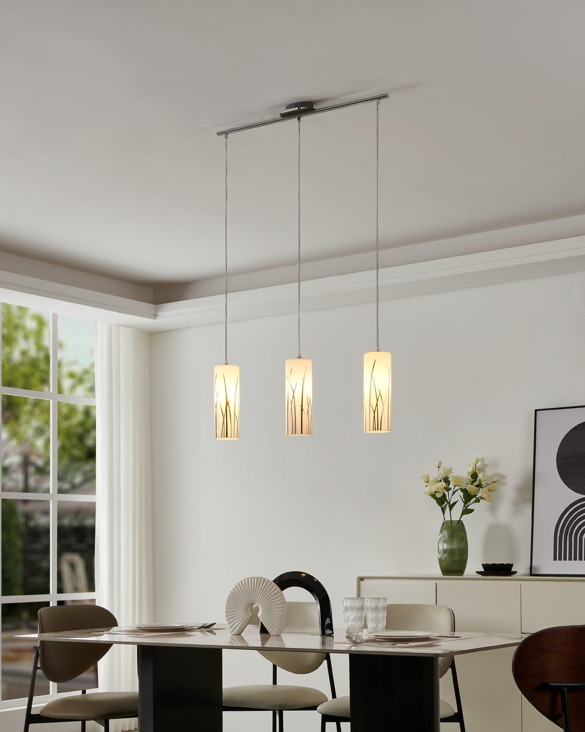 Eglo Lámpara colgante Rivato, lámpara suspendida de 3 luces, elegante | hecha de acero y vidrio con detalles en cromo y blanco, lámpara para mesa de comedor, lámpara de salón colgante, E27