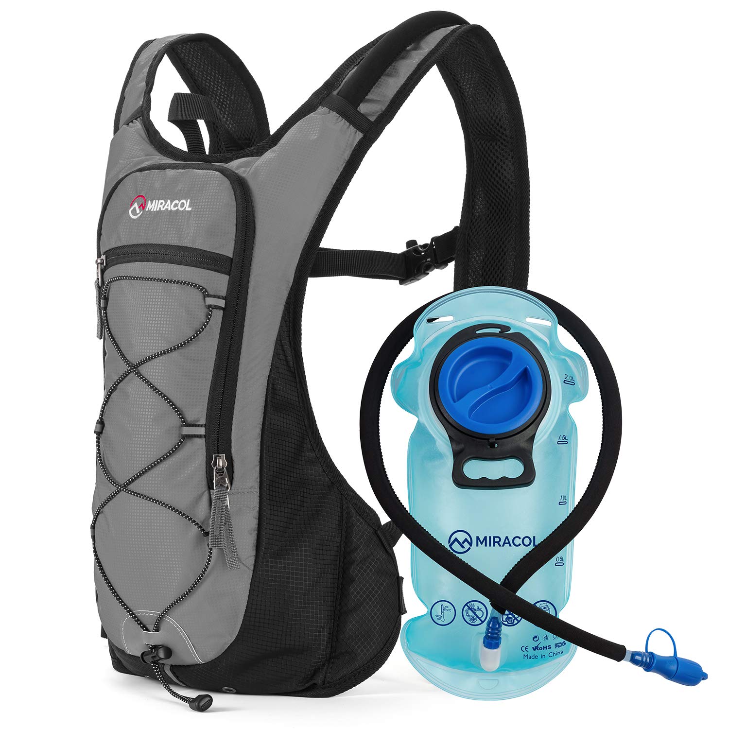 MIRACOL Hydration Backpack with 2L BPA-Free Bladder Lightweight Hydration Pack for Running Hiking Climbing Biking Cycling Skiing (Grey)