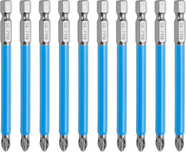 Cjueiom 10Pcs Magnetic PH2 Screwdriver Bits Set, Anti Slip Phillips Screwdriver Bits, Cross Head Electric Screwdriver Bits with 1/4" Hex Shank (PH2 x 90MM)