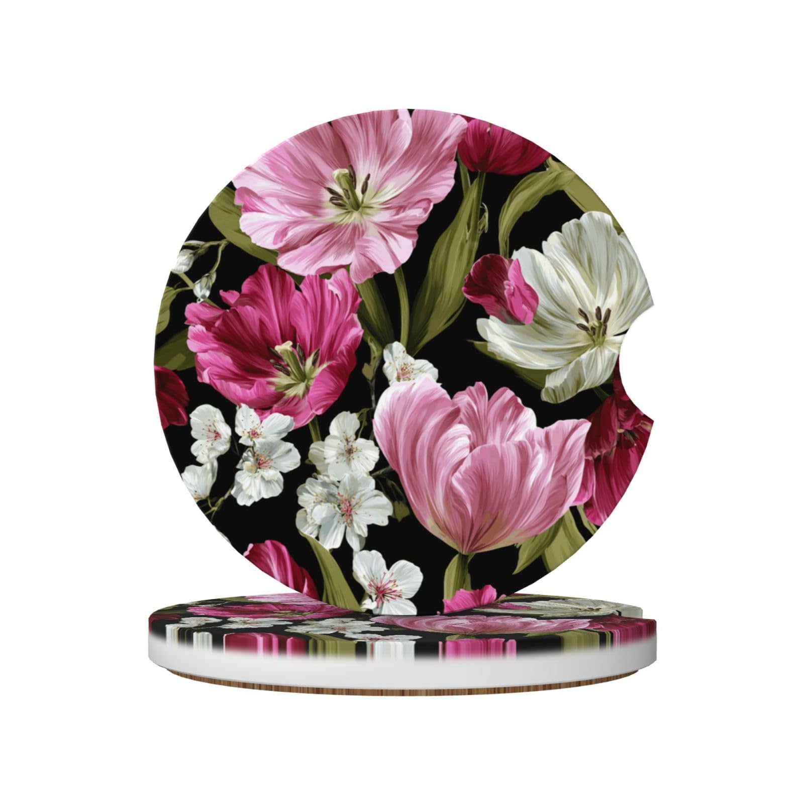 Tulip and White Flowers Ceramic Coasters,2pcs